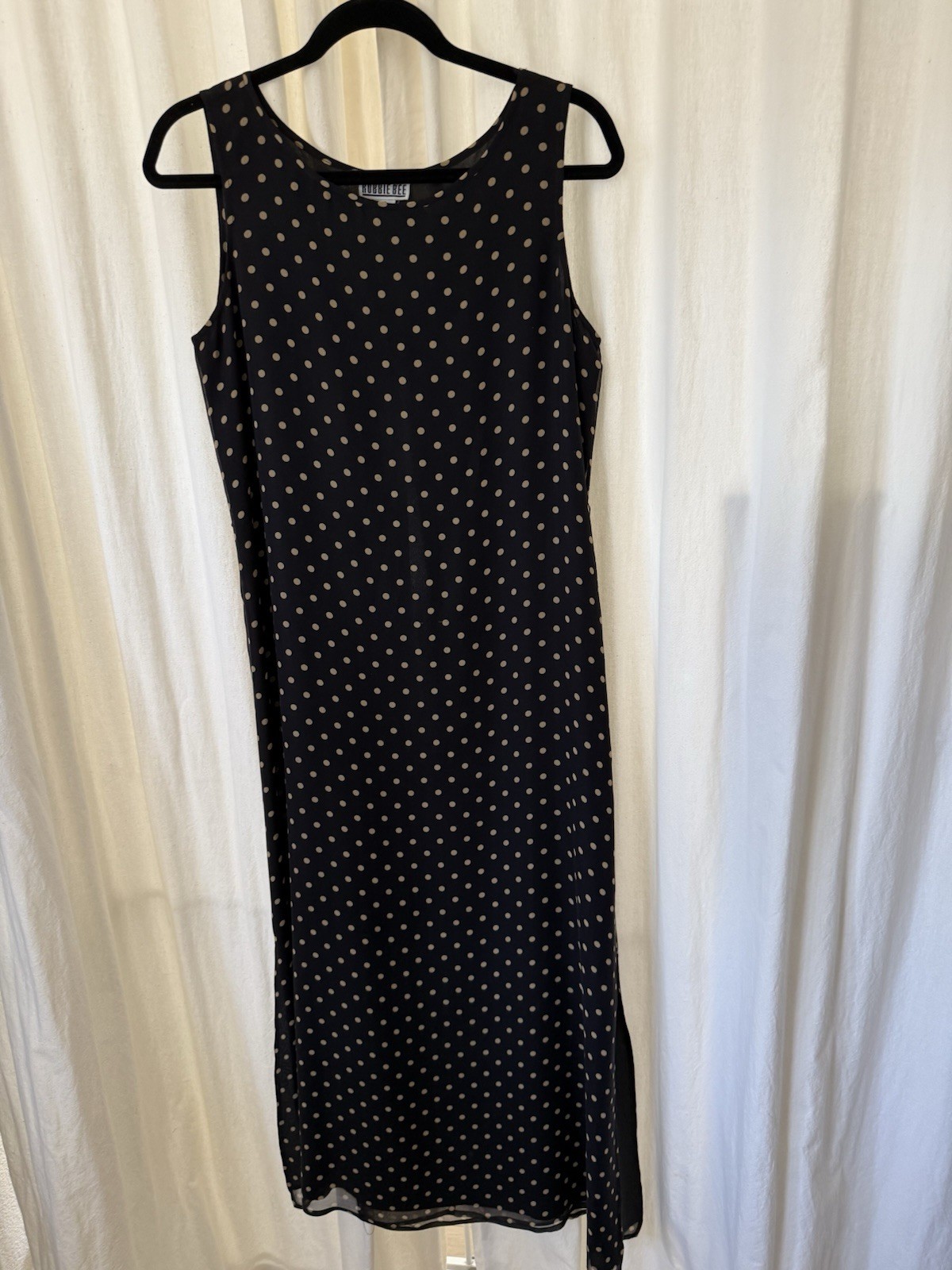 Robbie Bee Black White Polka Dot Silk Chiffon Maxi Dress Bow Lined Size 10