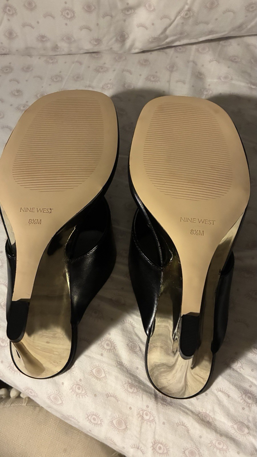 Nine West Women’s Black/Gold Leather Wedge Slide Sandals Open Toe 8.5 M