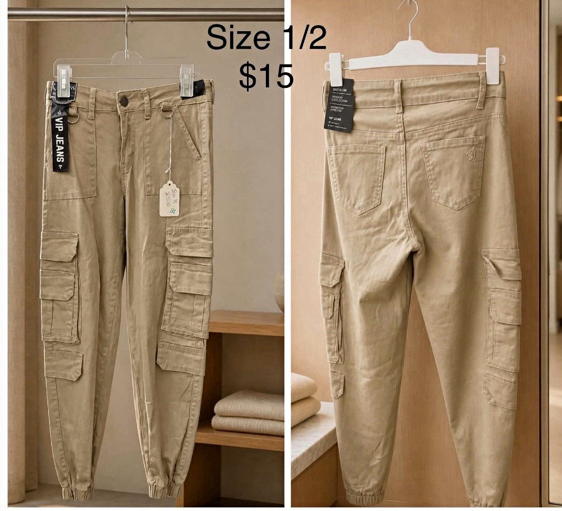 VIP Jeans Women’s Beige Solid Cargo Pants, Regular Size 1/2, Pockets
