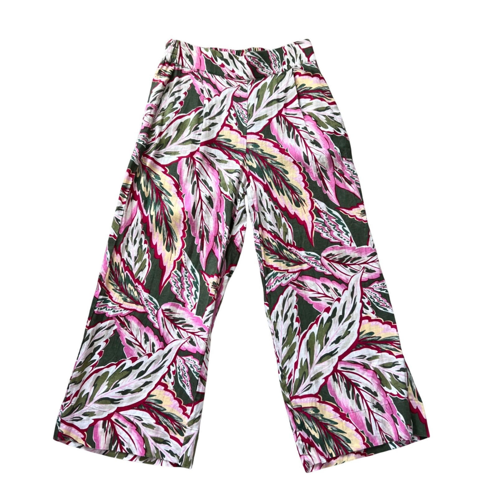 LOFT Beach 100% Linen Wide Leg Tropical Leaf Print Pants Green Pink SP24 Medium