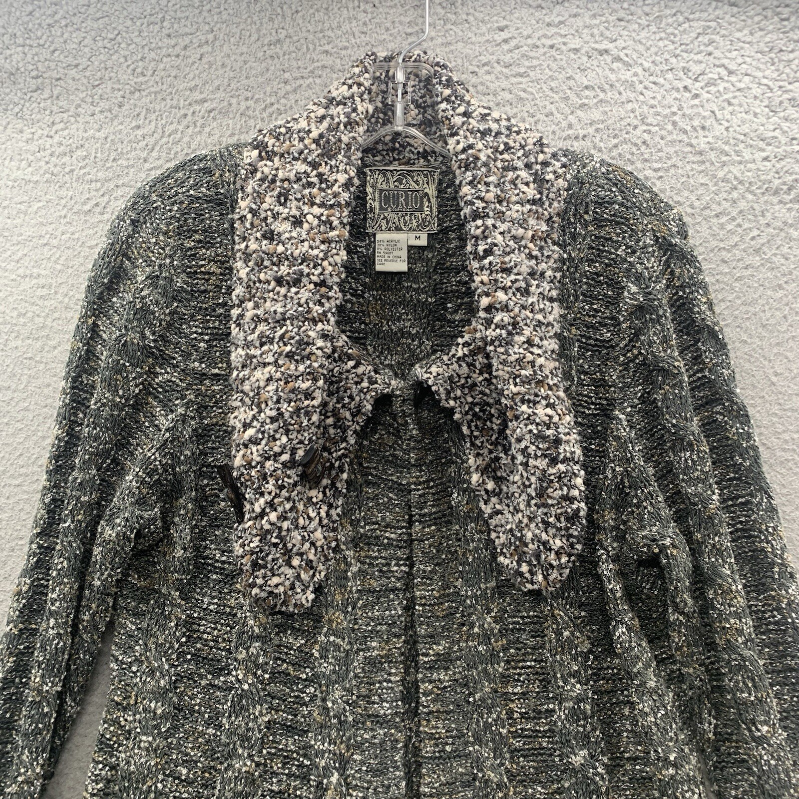 Curio Vintage Textured Knit Acrylic Blend Cardigan Sweater Gray Womens Size M