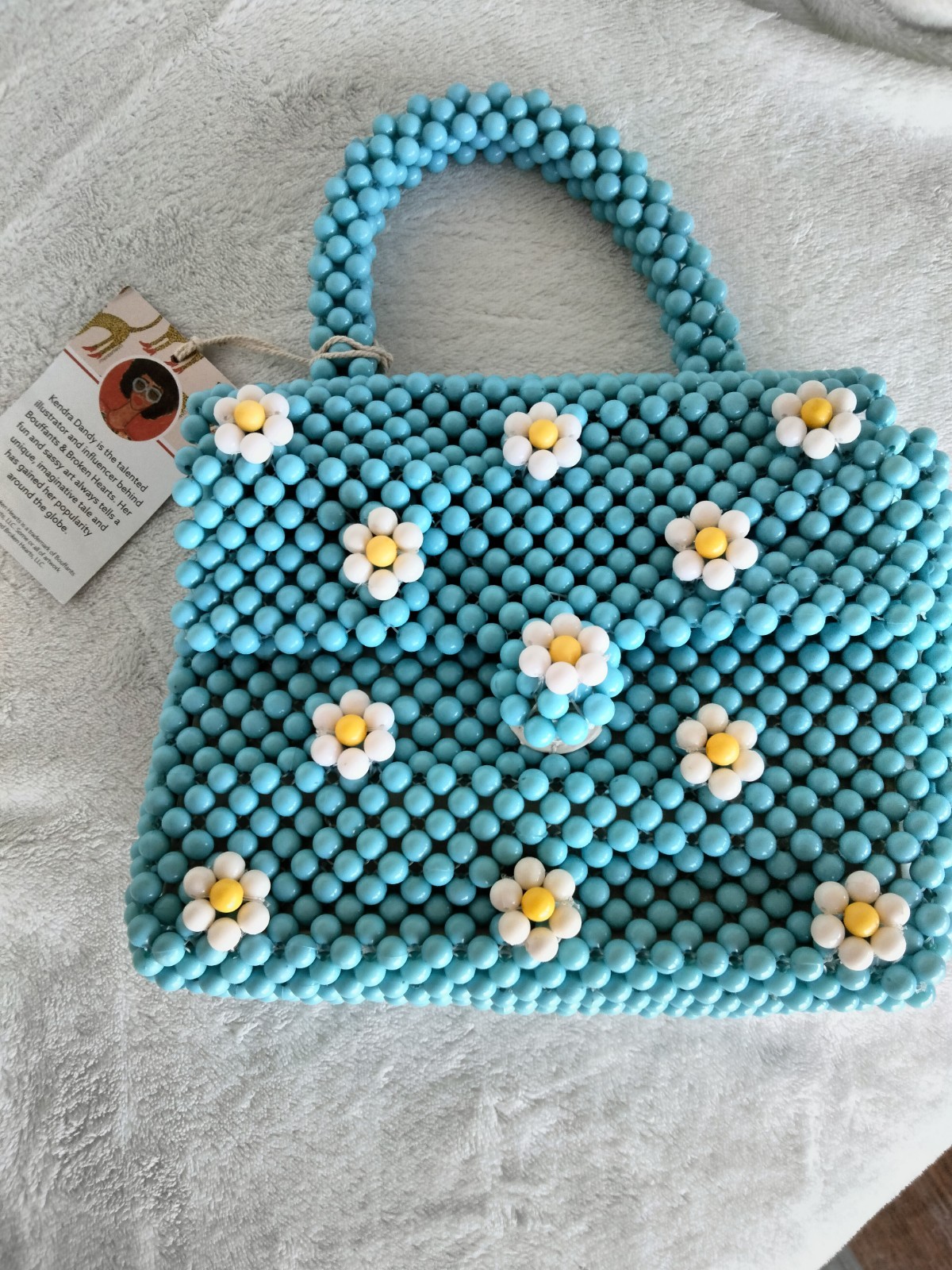 Beaded Blue Top Handle Bag Floral Daisy Detail Gold Chain Strap Button Closure