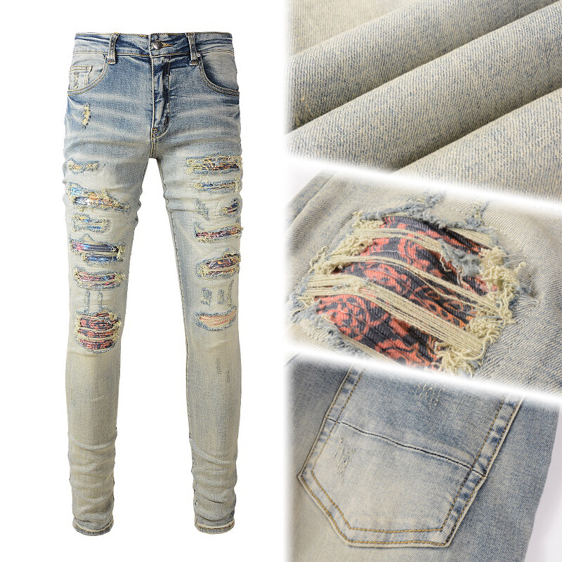 Men’s Skinny fit Stretch Ripped Patches Sanding Washed Distressed Denim Jeans