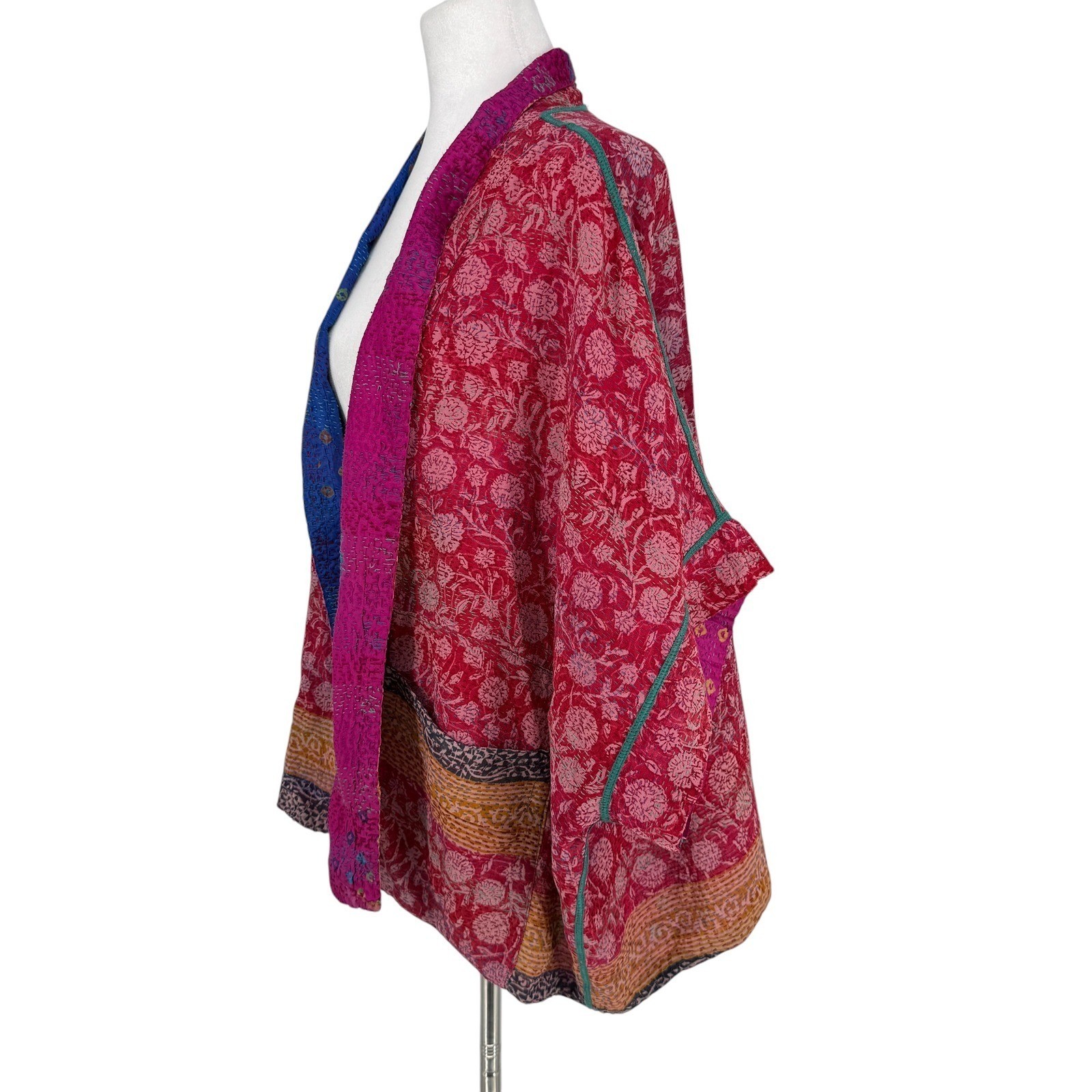 Mieko Mintz Reversible 100% Silk Kantha Jacket Red Blue Floral Bandhani OS India