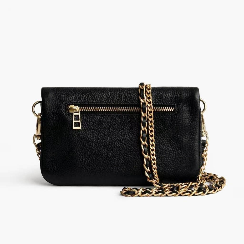 Zadig & Voltaire Rock Wing Black Gold Pebbled Leather Shoulder Bag 21×13×3cm