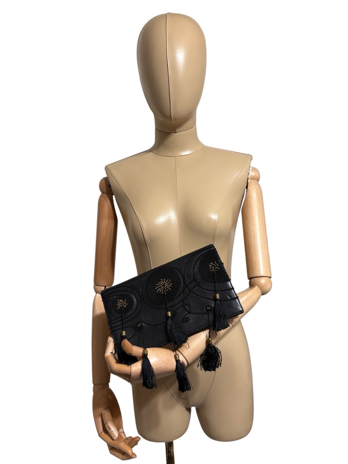 Vtg Gianni Versace 80s Black Leather Tassel Clutch Bag