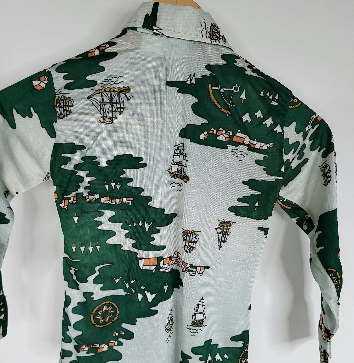 Vintage 70s Dixie Lad Girls Button Front Shirt 6 Green Boat Nautical Retro READ