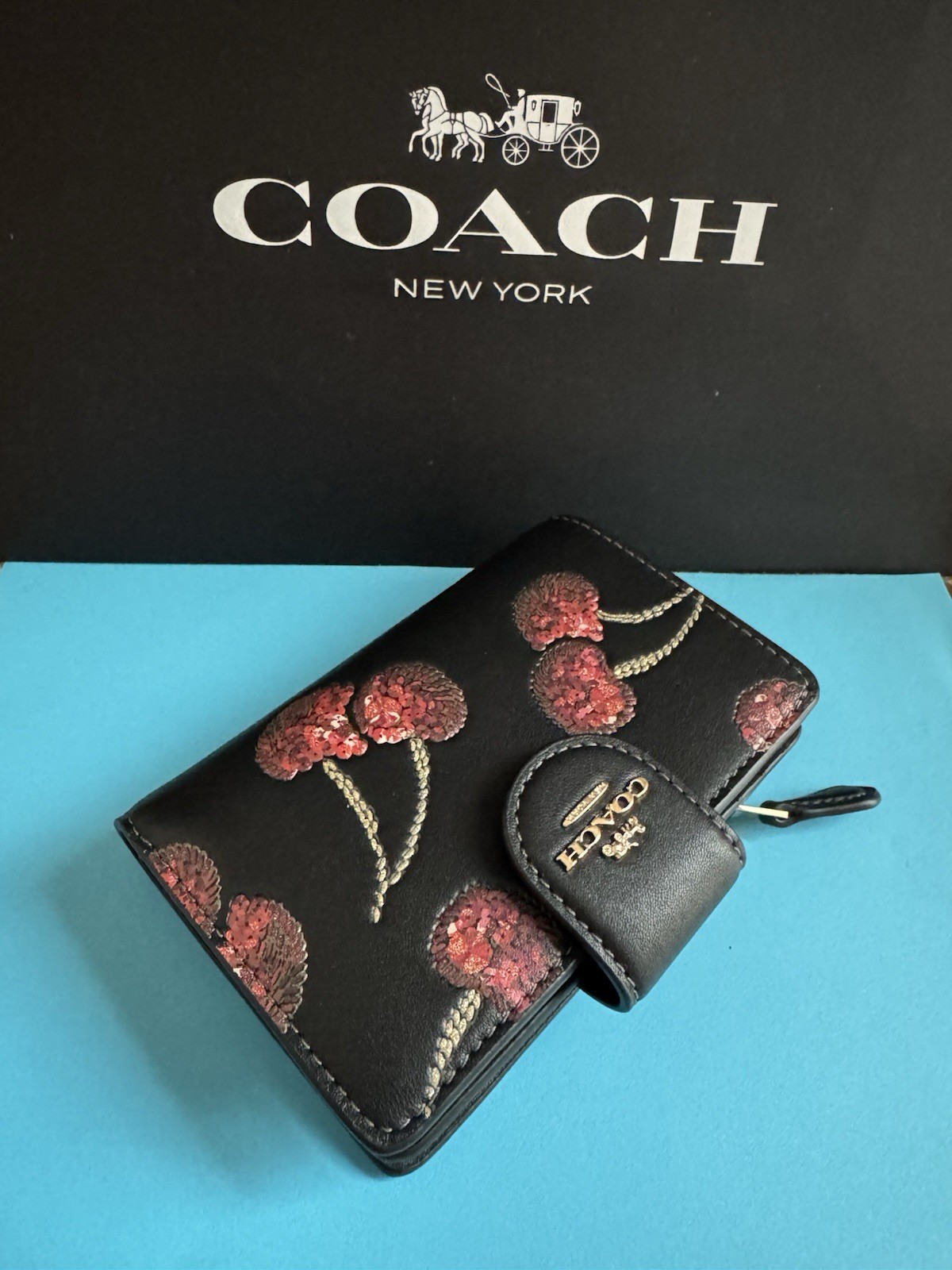 NWT Coach Medium Corner Zip Wallet With Cherry Print Leather Gold /Black Multi