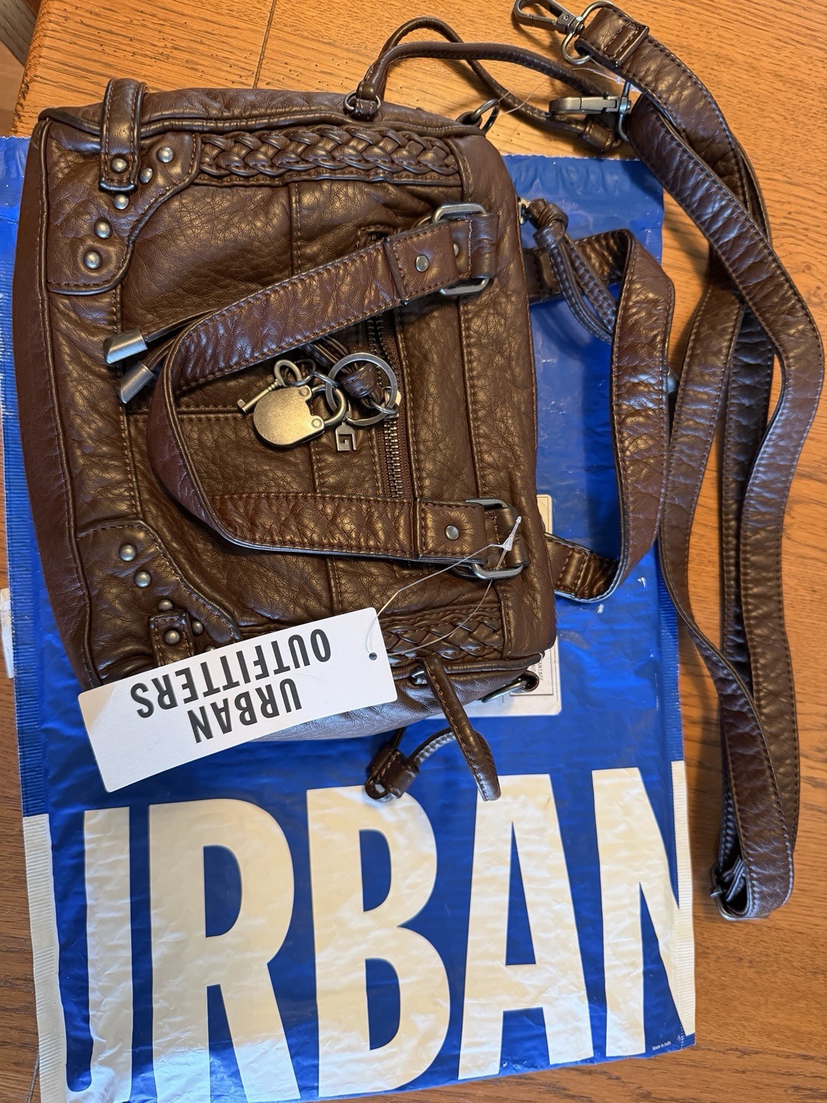 BDG Brown Shoulder Bag with Braided, Studded, Zipper Accents & Key Holder