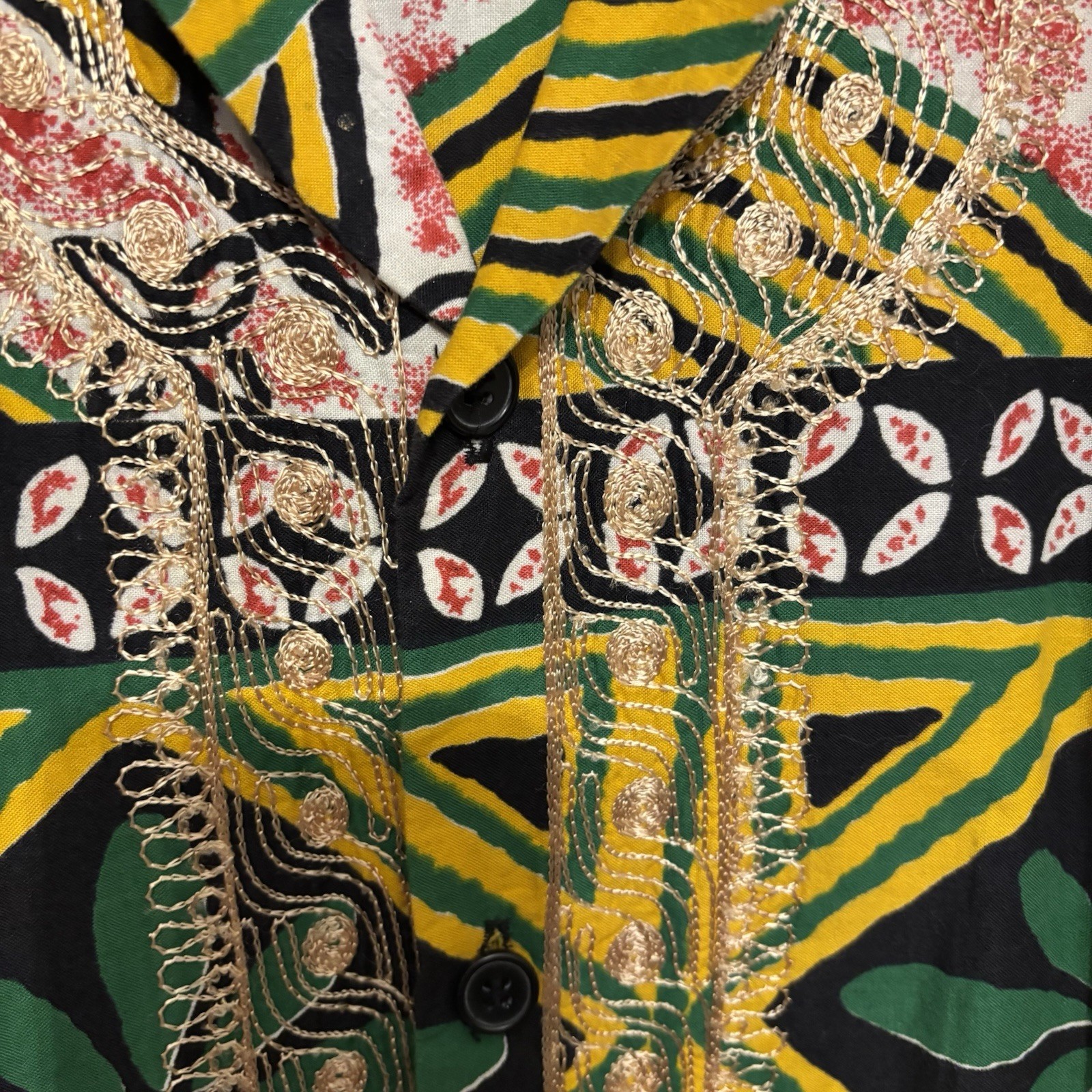 Vtg 90s Charles Smith Kenya 100% Cotton Embroidered Tunic Shirt Pockets L