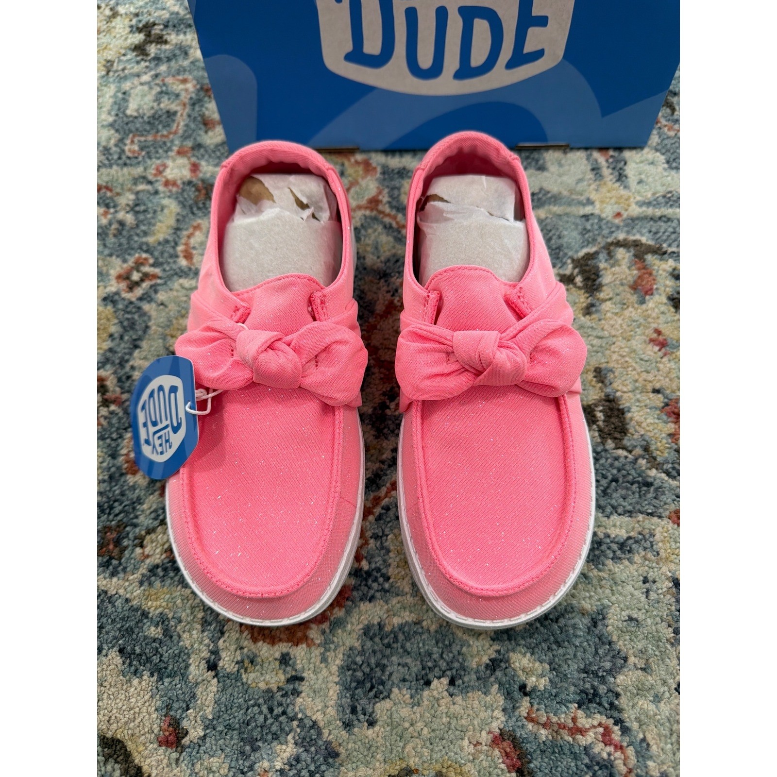 Hey Dude Wendy Bow Stardust Girls Size J5 Pink Glitter Slip On Moccasin NWT