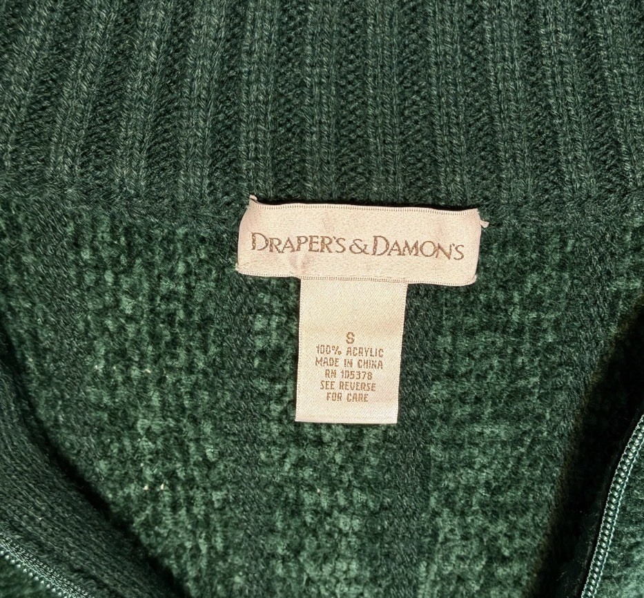 Draper’s & Damon’s Green Chenille Zip Cardigan Pockets Ribbed Trim Cottage Sz S
