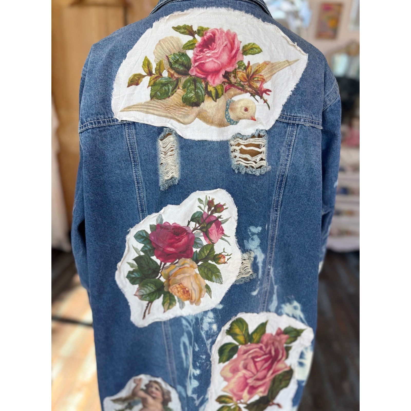 Upcycled Denim Coat Cherub Rose Patch Long Jacket Boho Folk Art XL/XXL