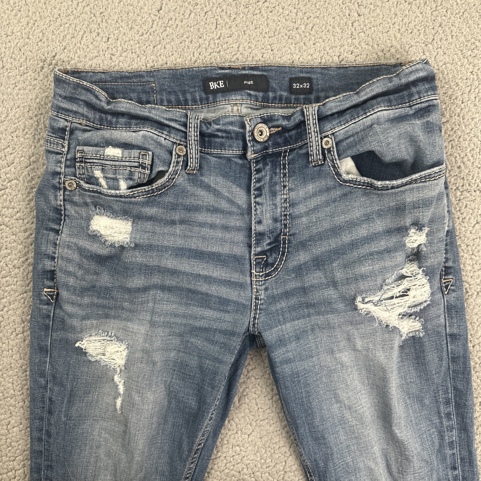 BKE Buckle Alec Slim Straight Jeans Men 32×32 Blue Stretch Whiskered Distressed