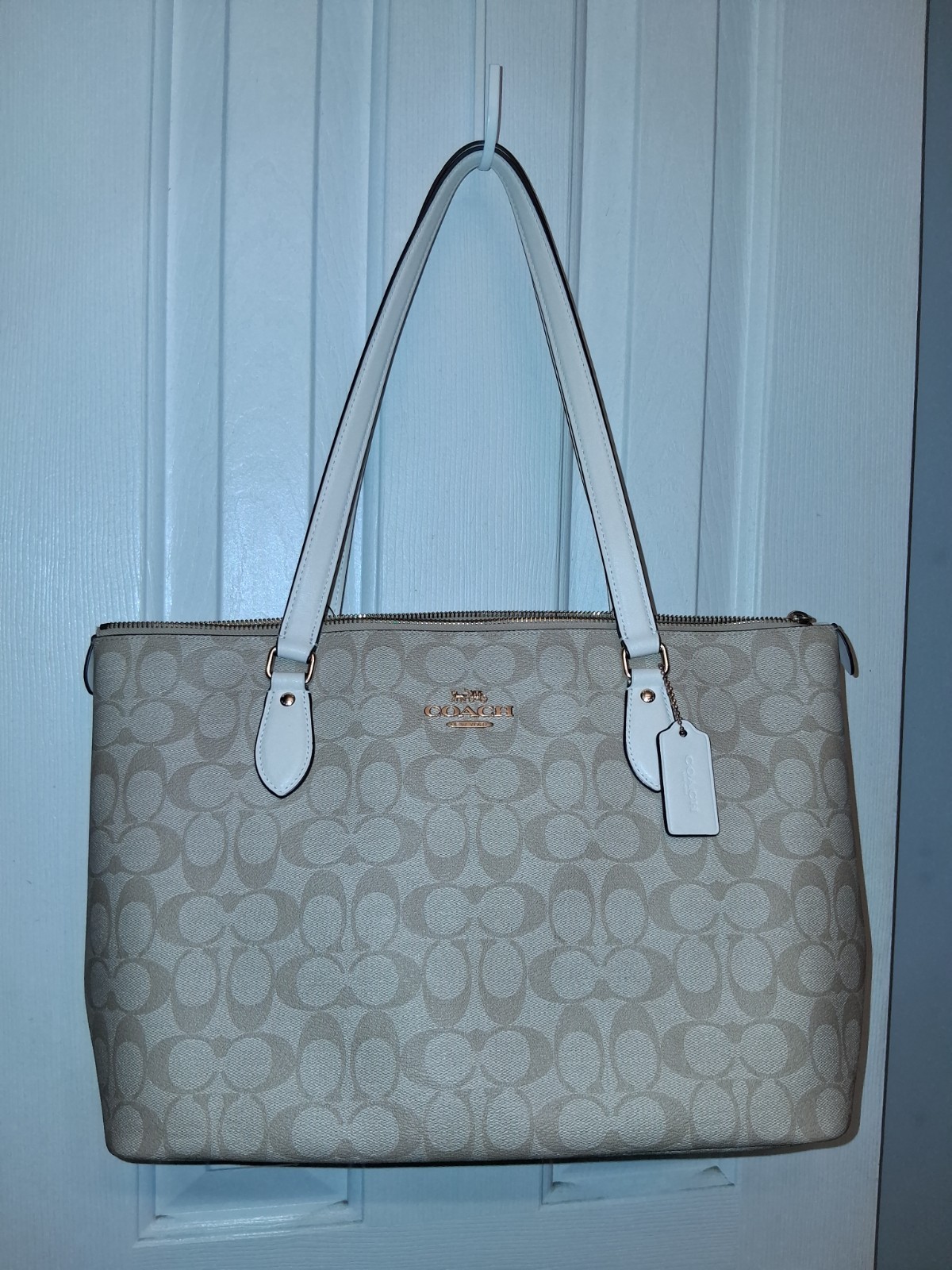 Coach CH504 Cream, Tan Canvas and Leather Signature Gallery Tote Bag Purse