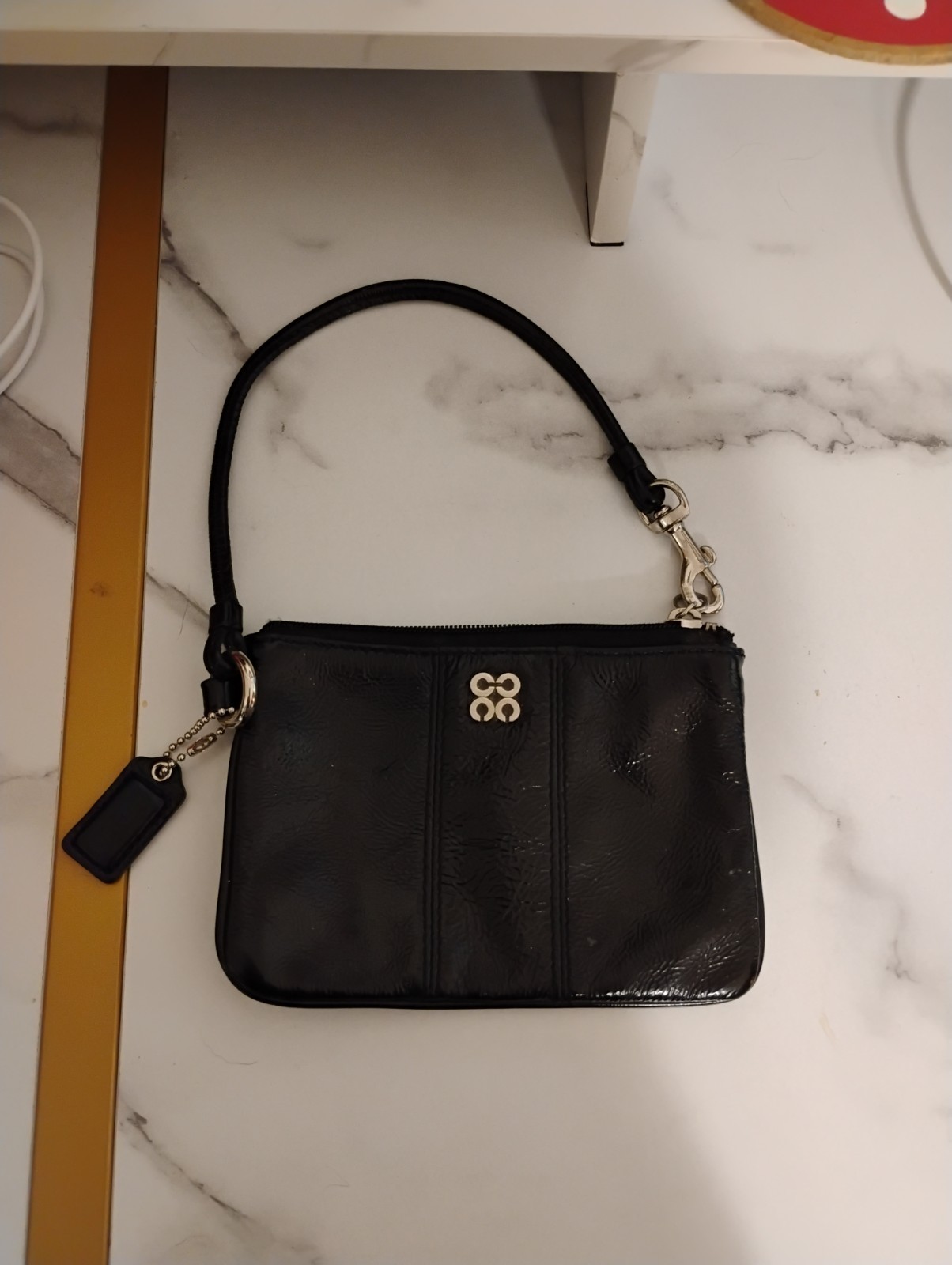 Coach Black Solid Wristlet Zip Pouch Silver Hardware Pink Lined Interior