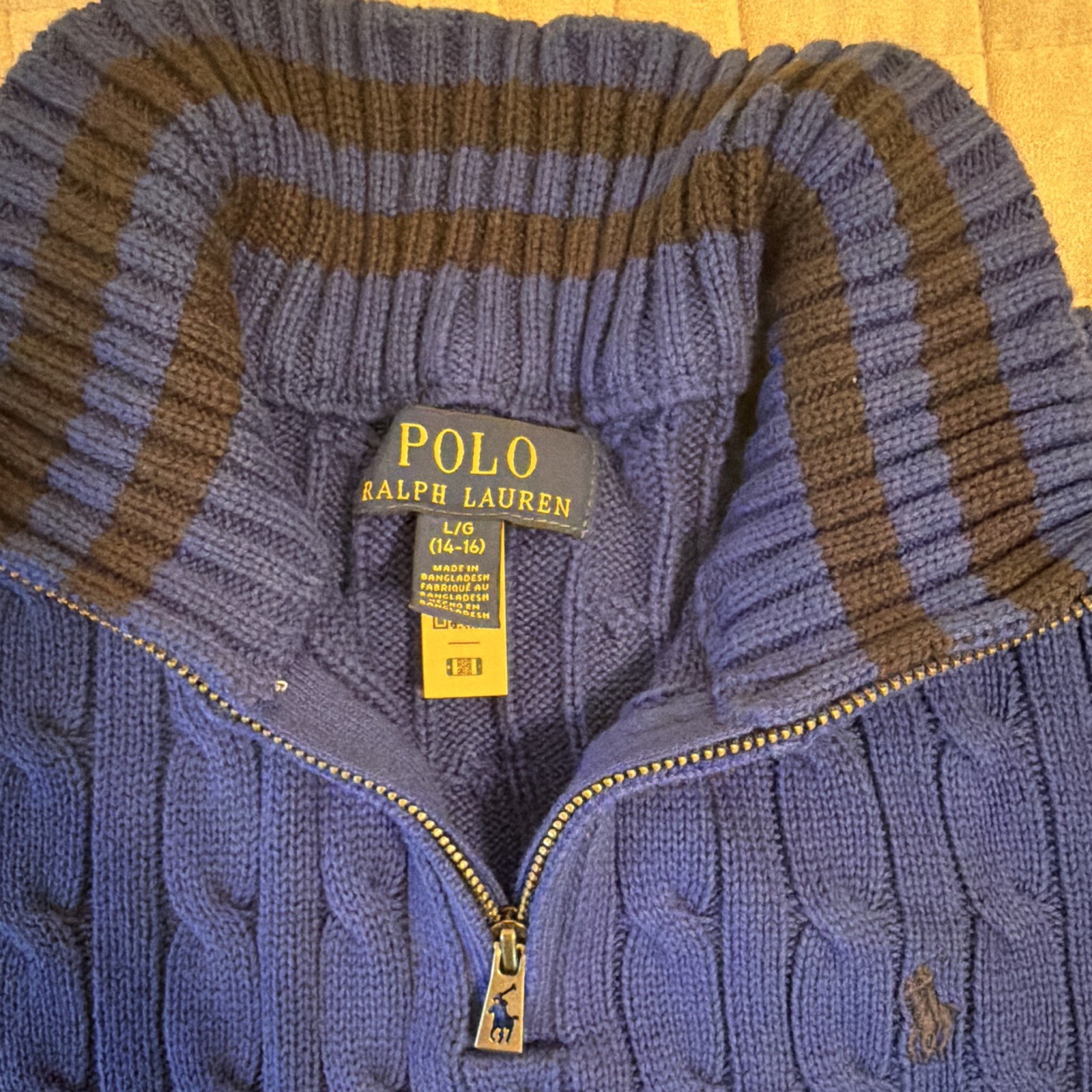 Polo Ralph Lauren Boys L 14-16 Blue Cable Knit 1/4 Zip Sweater Pony