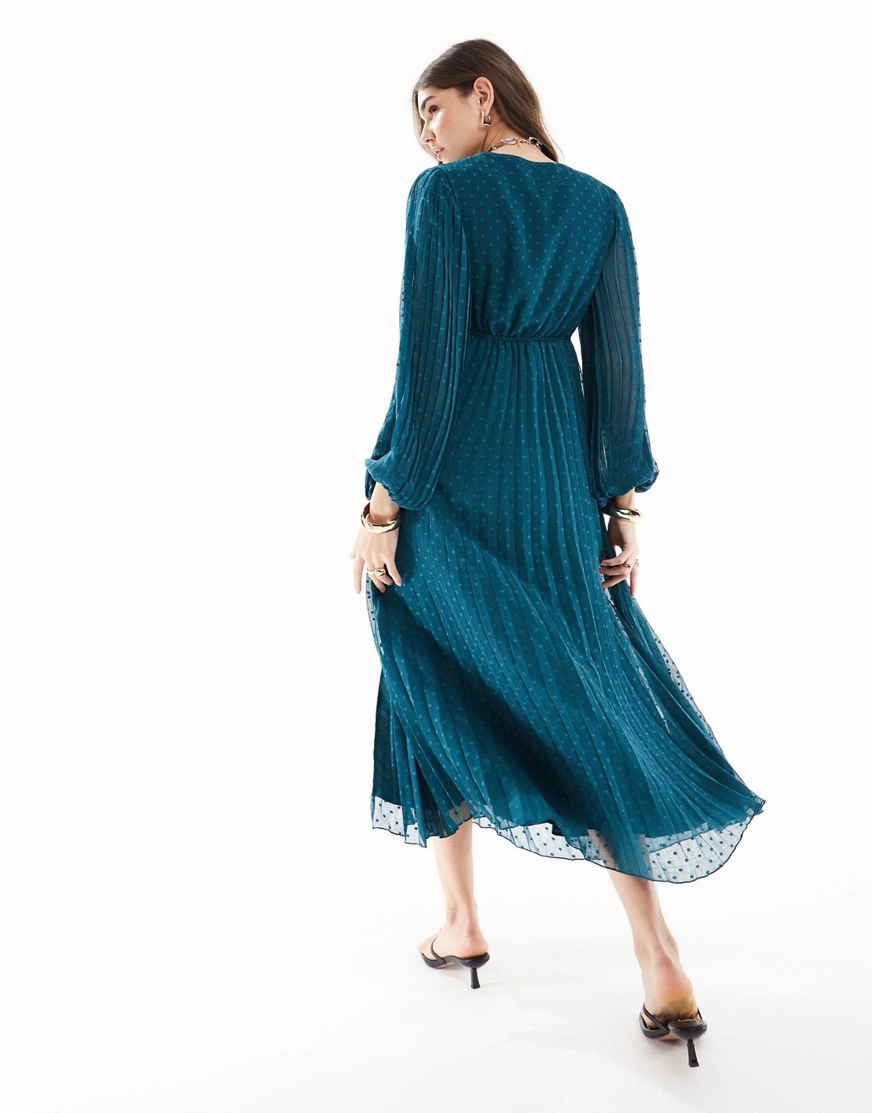 ASOS Design Teal Midi Dress Size 10 Long Sleeve Pleated Swiss Dot Chiffon