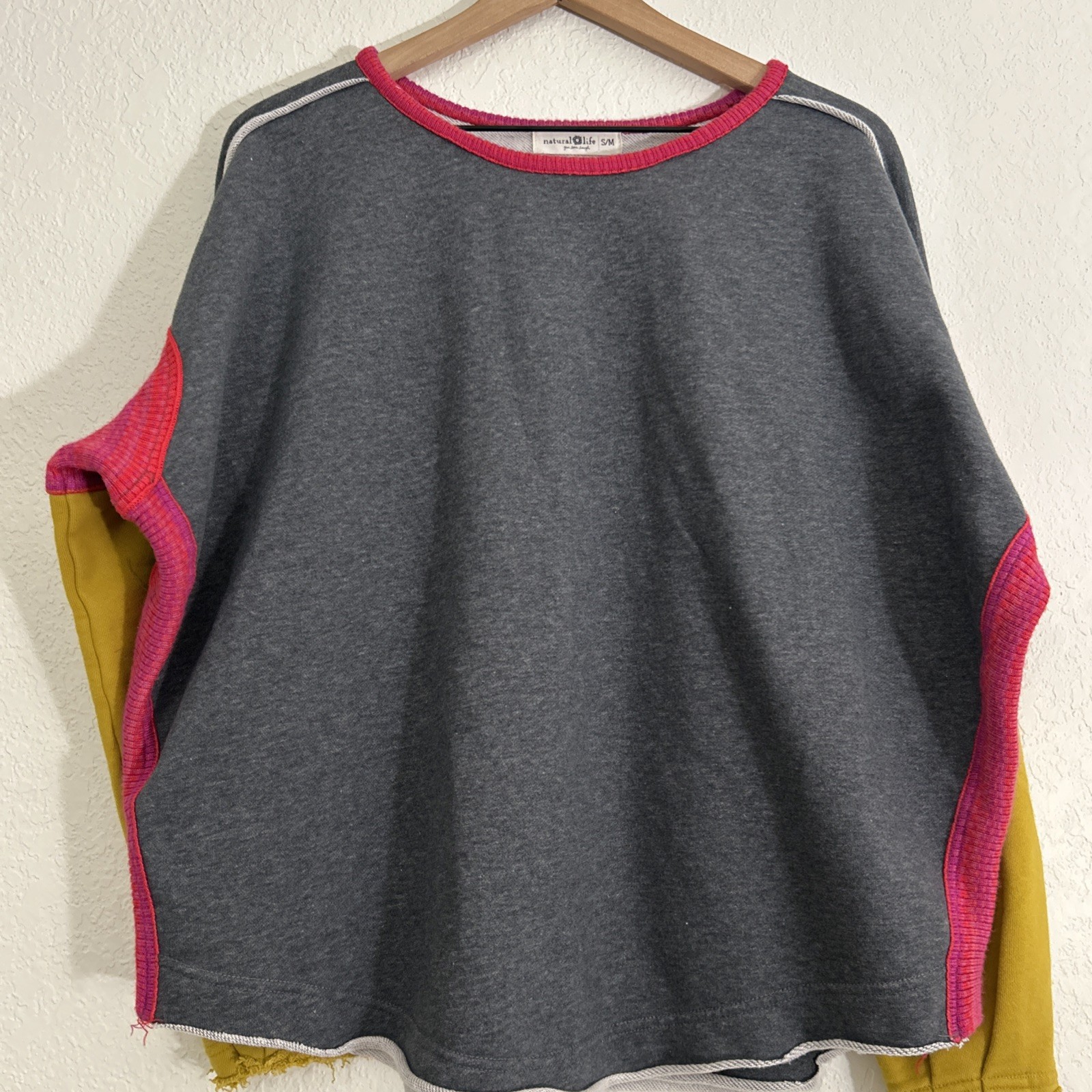 Natural Life Knit Trim Sweatshirt Colorblock Oversized Fit Colorful Boho Sz S M
