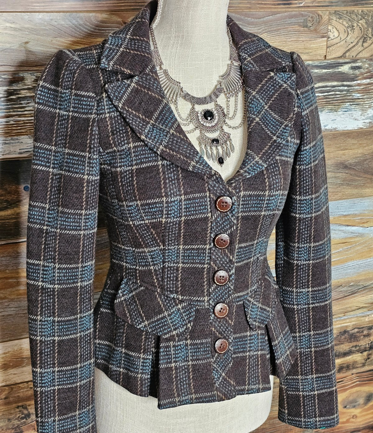 Nanette Lepore Wool Leather Buttons & Sleeve Cuff Rear Ruffles Blazer Jacket 2