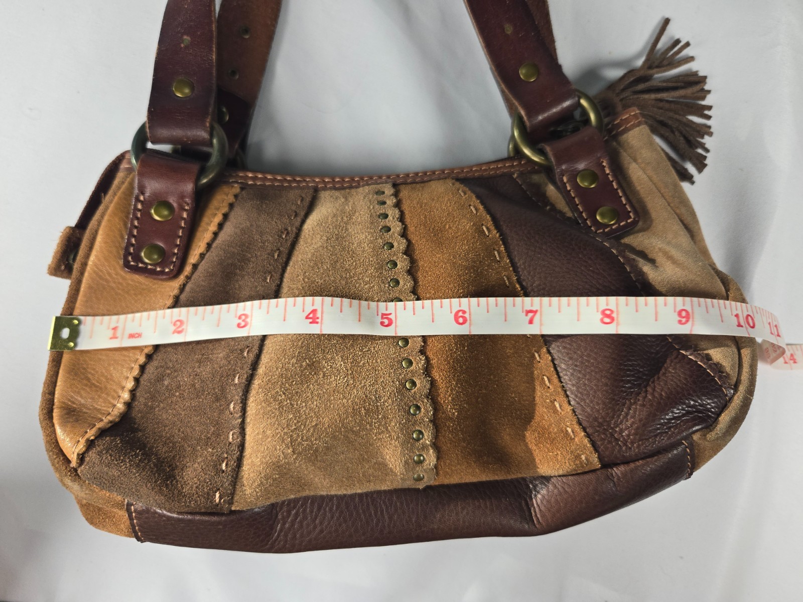 Y2K Shoulder Hobo Bag Brown Boho Leather Suede Patchwork Tassel Western Indie