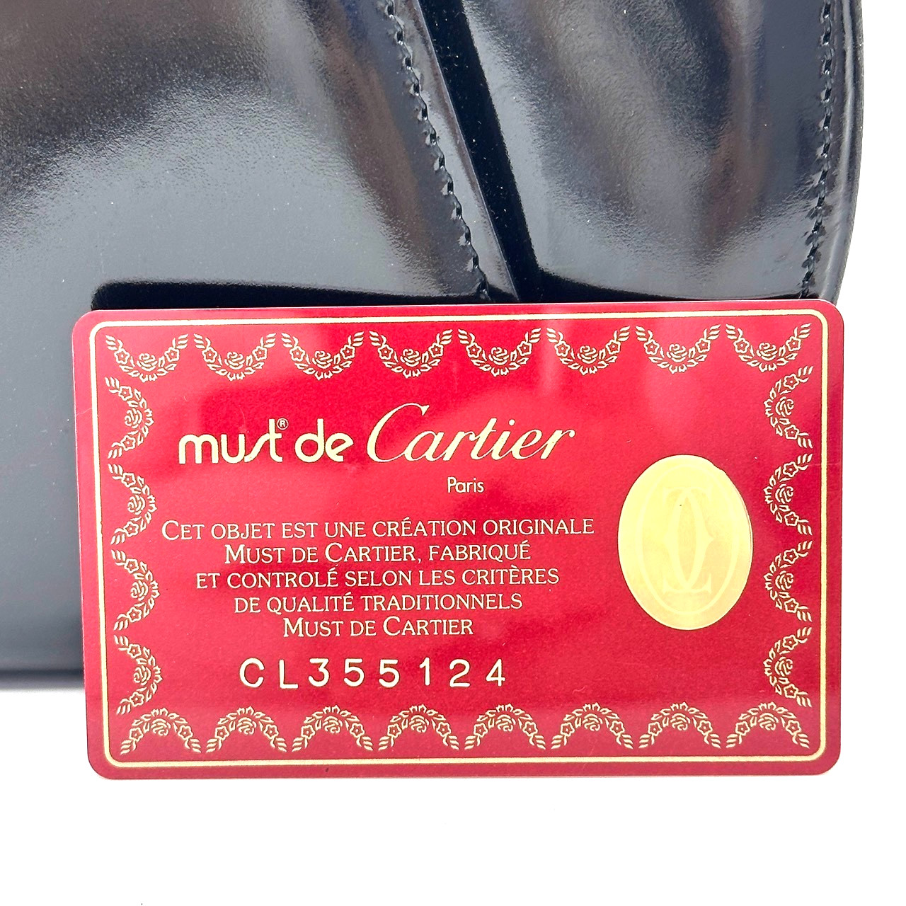 Cartier Panthere Hand Bag Patent Leather Black Gold Buckle Authentic