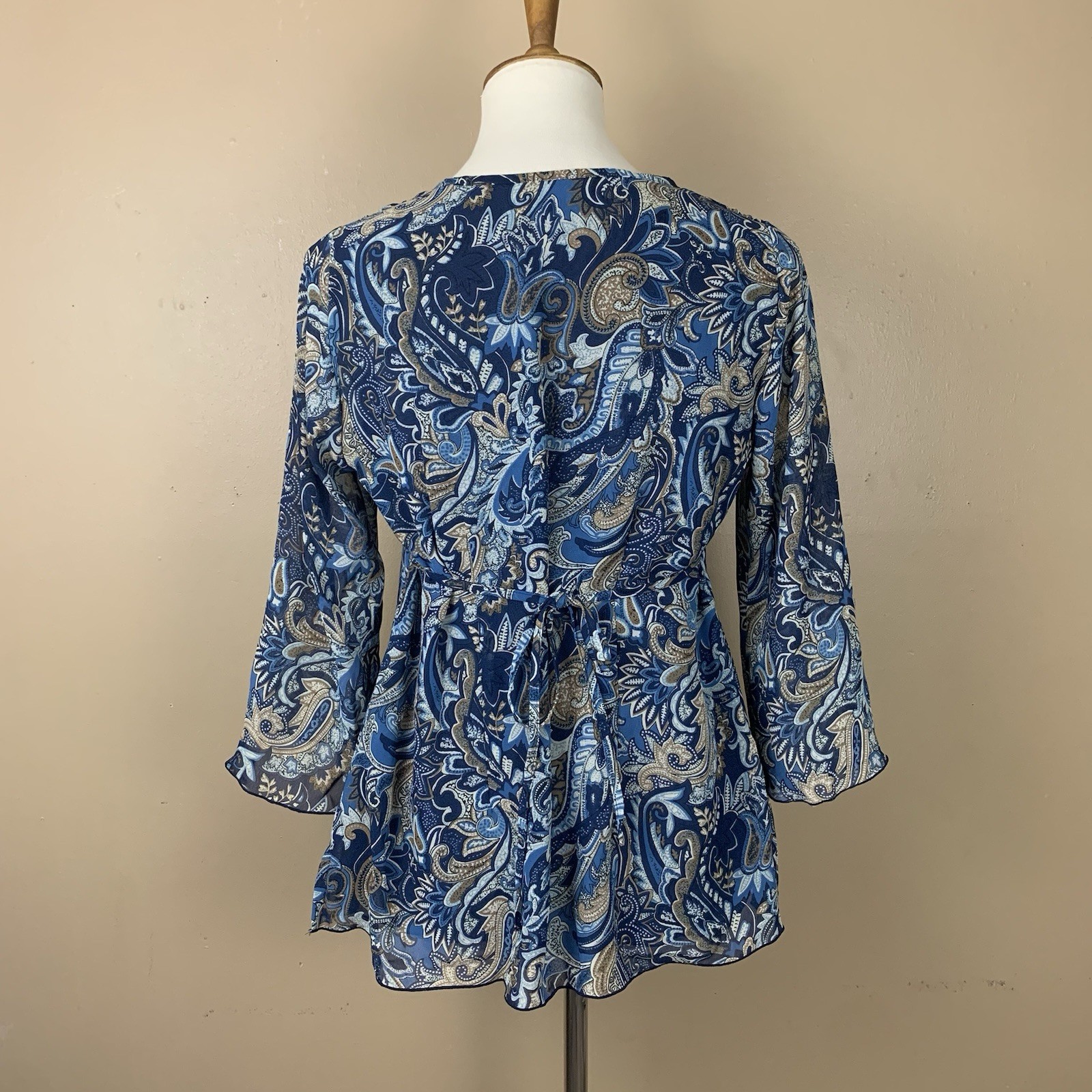Vintage Y2K Top Womens Medium Blue Paisley Print Sheer Babydoll Feminine Blouse
