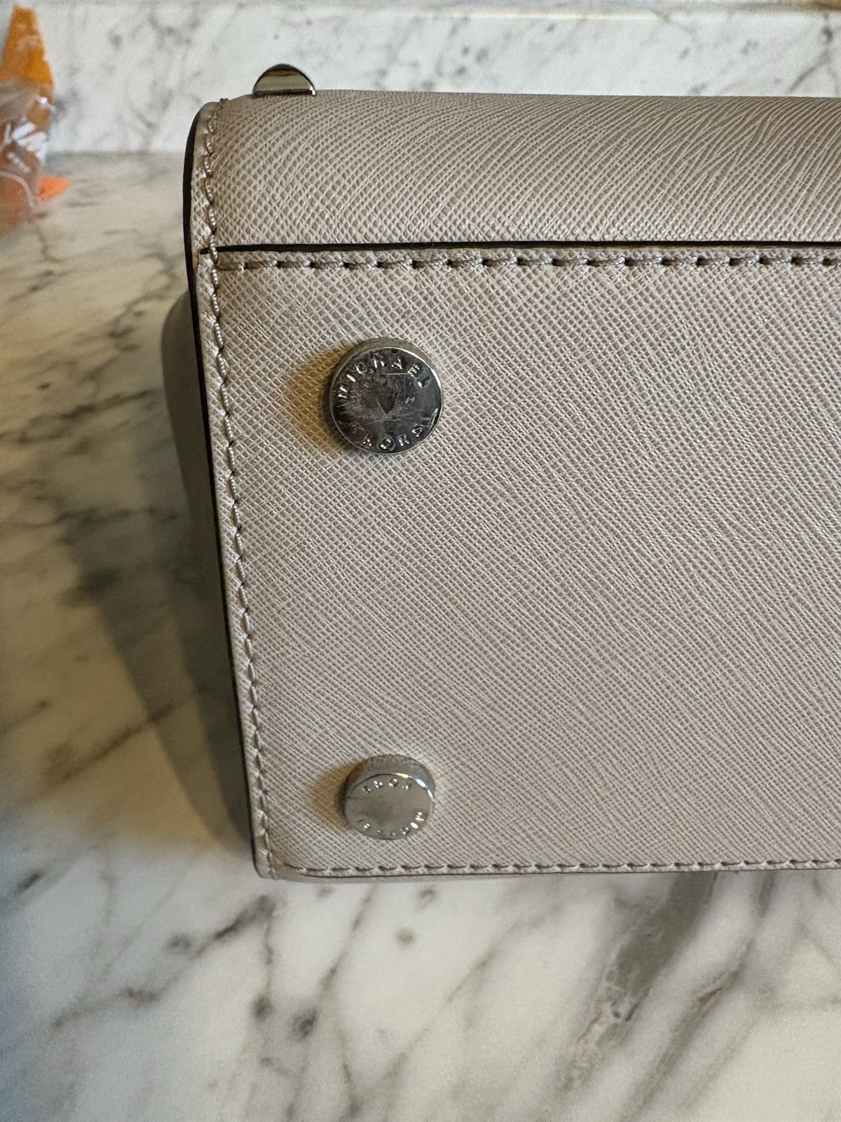 Michael Kors Beige Studded Logo Medium Satchel Top Handle Zip, Silver HW