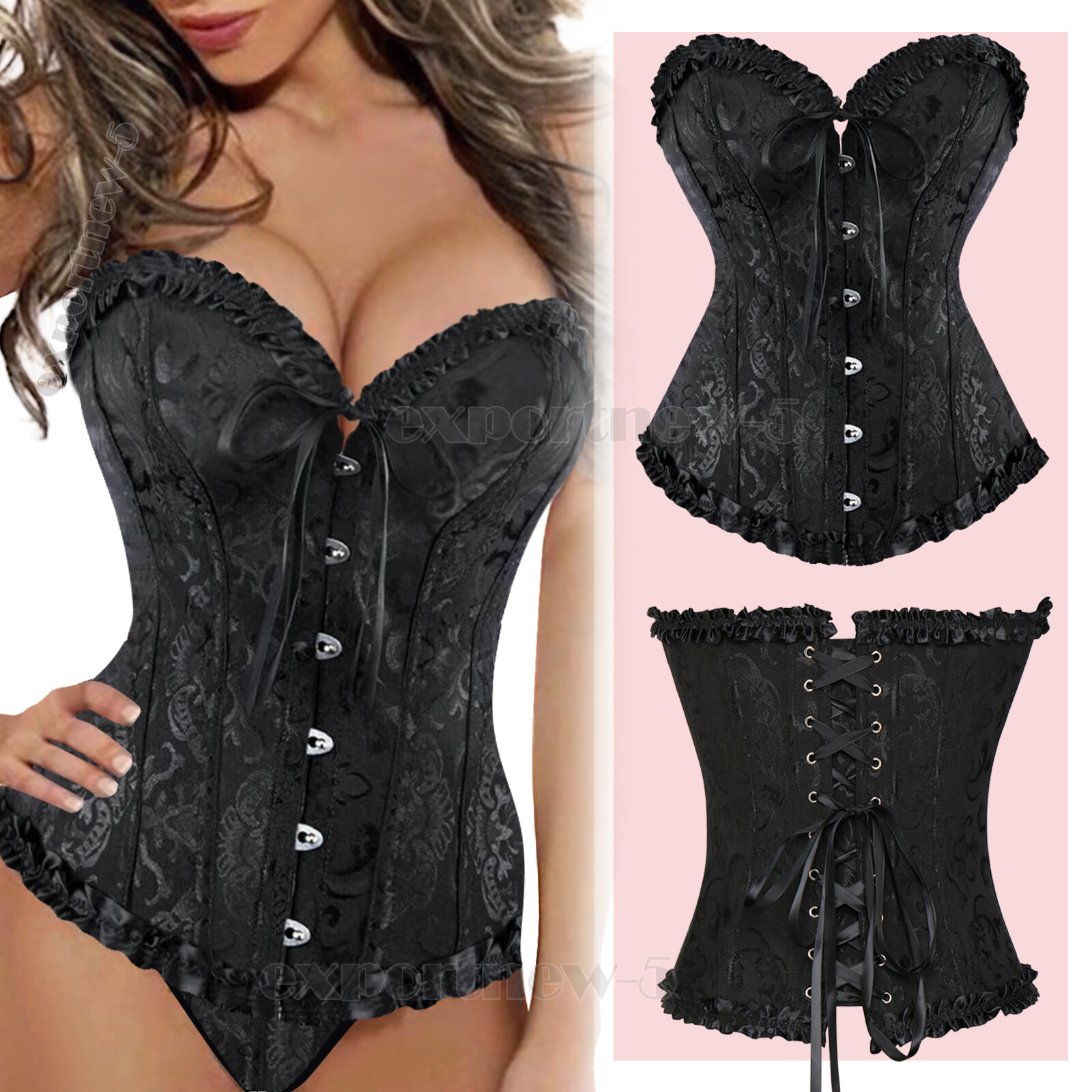 Women Overbust Lace-Up Boned Bustier Corset Top Burlesque Waist Cincher Lingerie