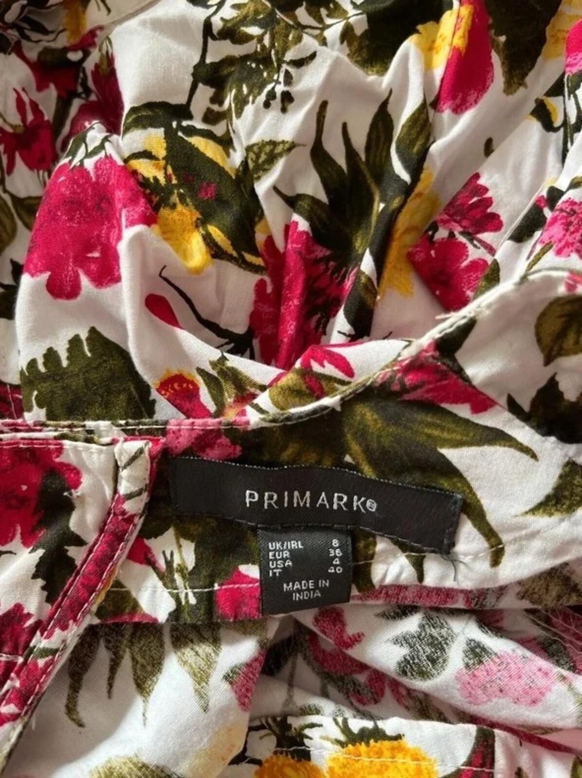 Primark floral puff sleeve cotton crop top with tie detail – size 8