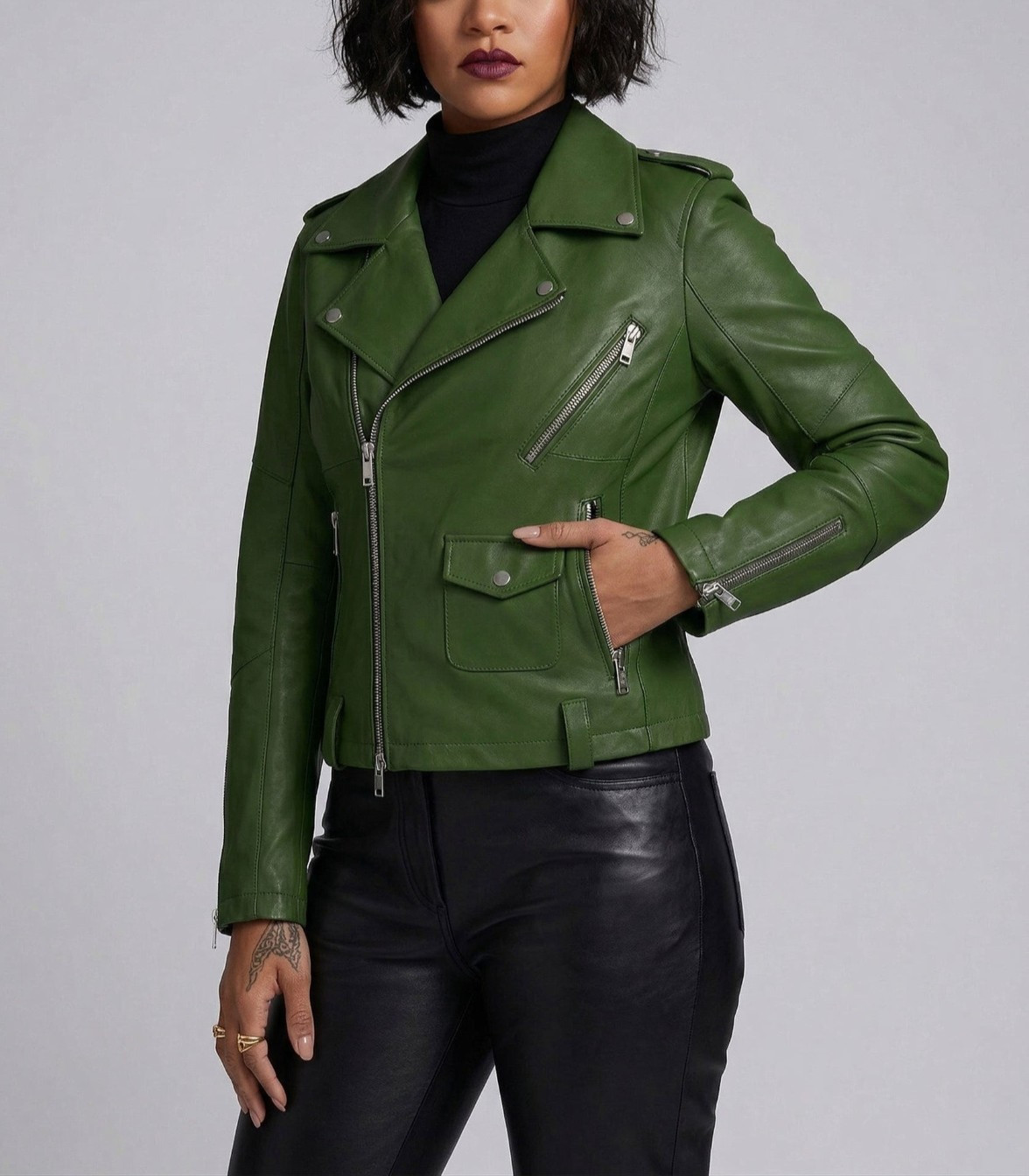 Womens Green Real Leather Jacket Asymmetric Biker Moto Slim Fit Motorcycle Coat