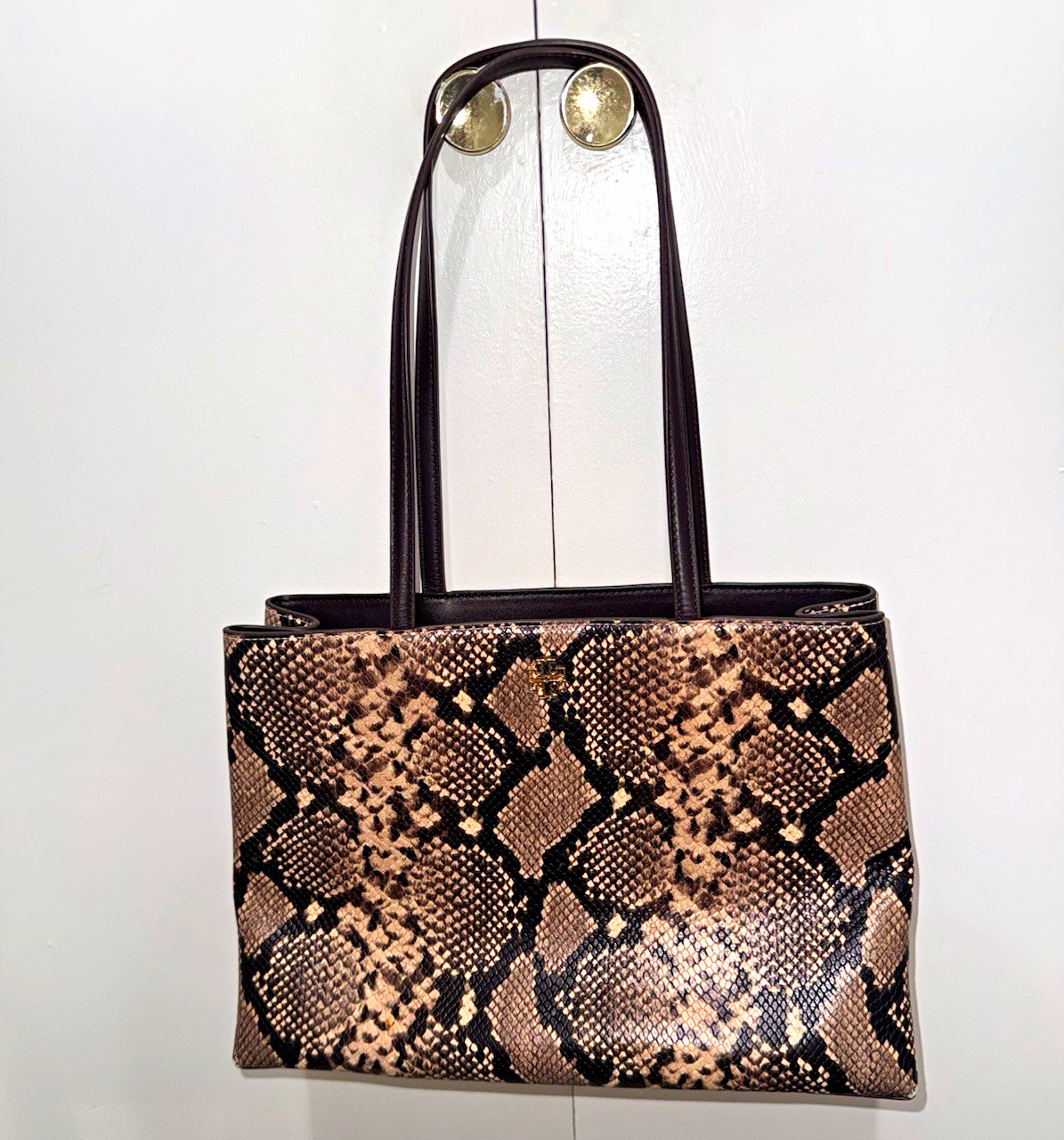Tory Burch Snake Print Leather Tote Brown Black Gold Logo Designer Handbag