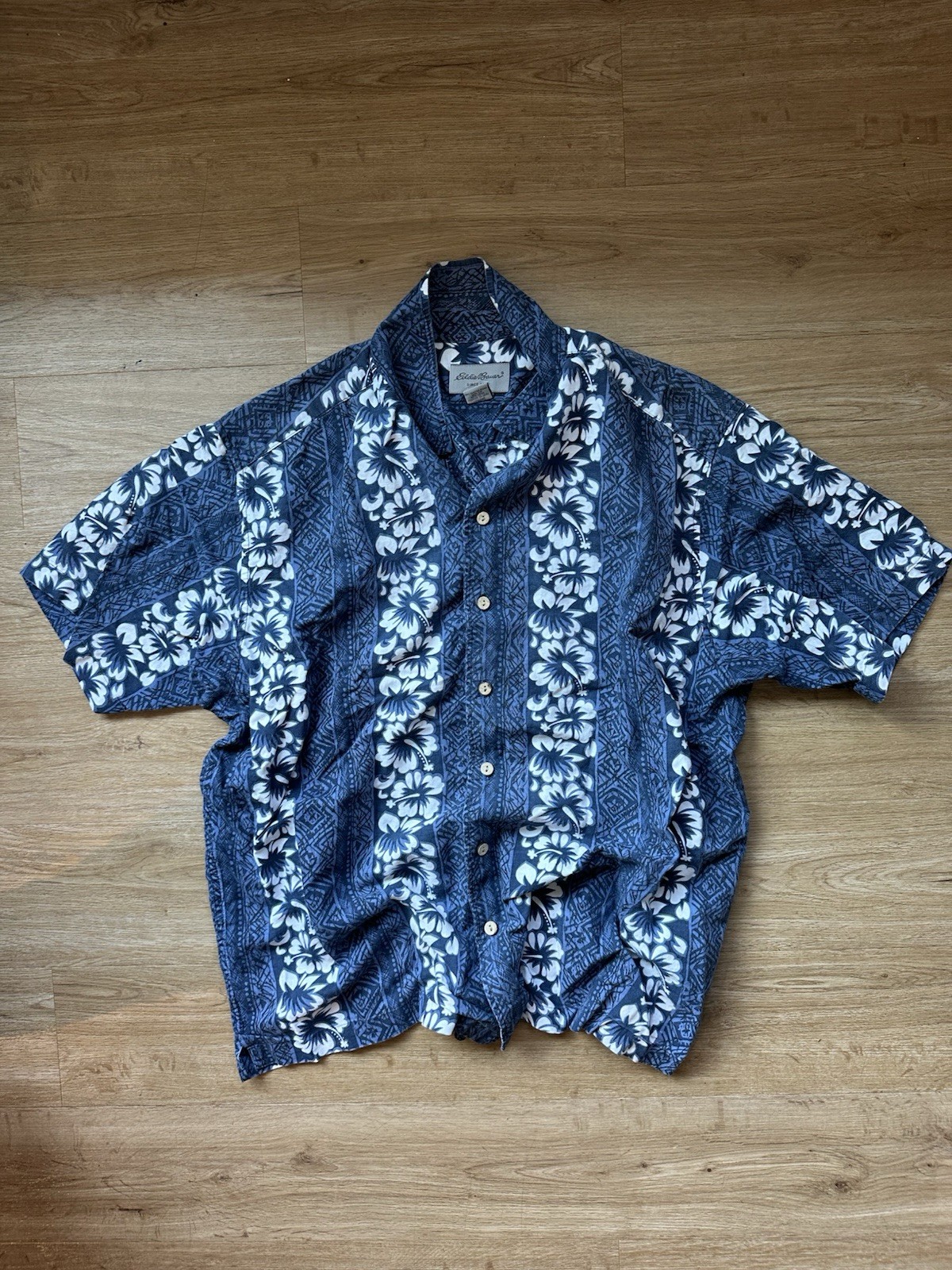Eddie Bauer Blue/White Floral Linen/Cotton Woven Button-Up Shirt Mens L SS