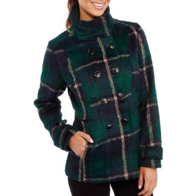 Fresh New York Women’s Double Breasted Green/Navy Blue Plaid Faux Wool Peacoat L