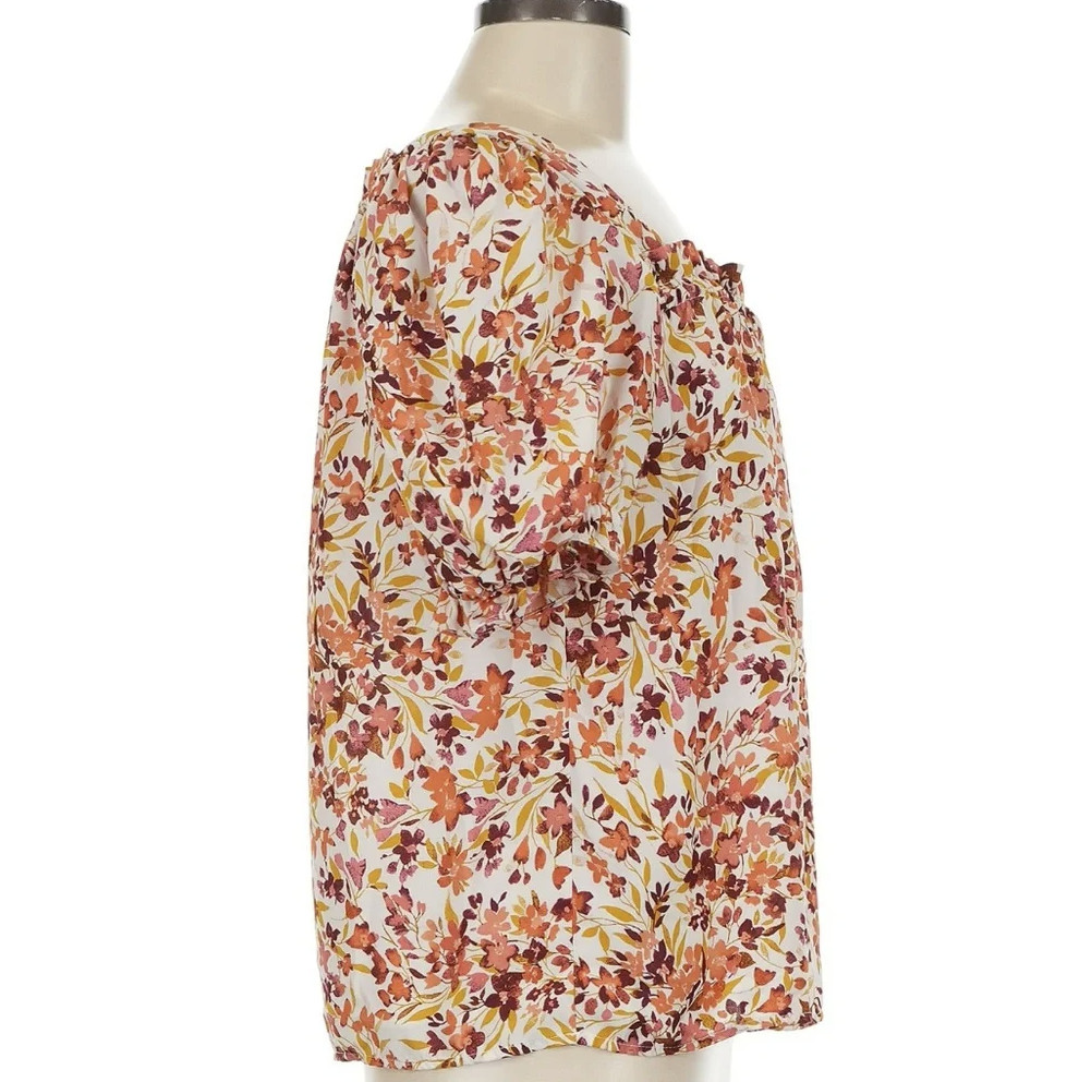 CeCe Floral Puff Sleeve Blouse Square Neck Tie Front Top Autumn Size Medium