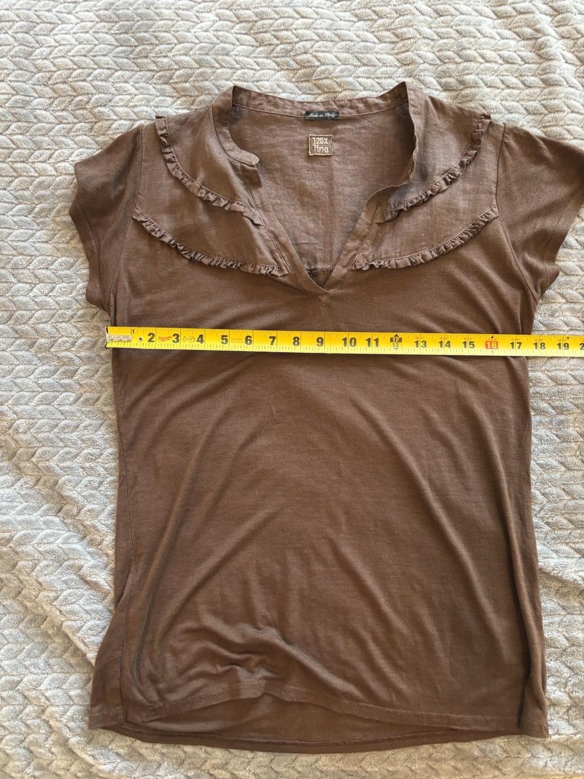 120% Lino Women’s M Brown Solid Linen V-Neck Short Sleeve Ruffle Top Italy