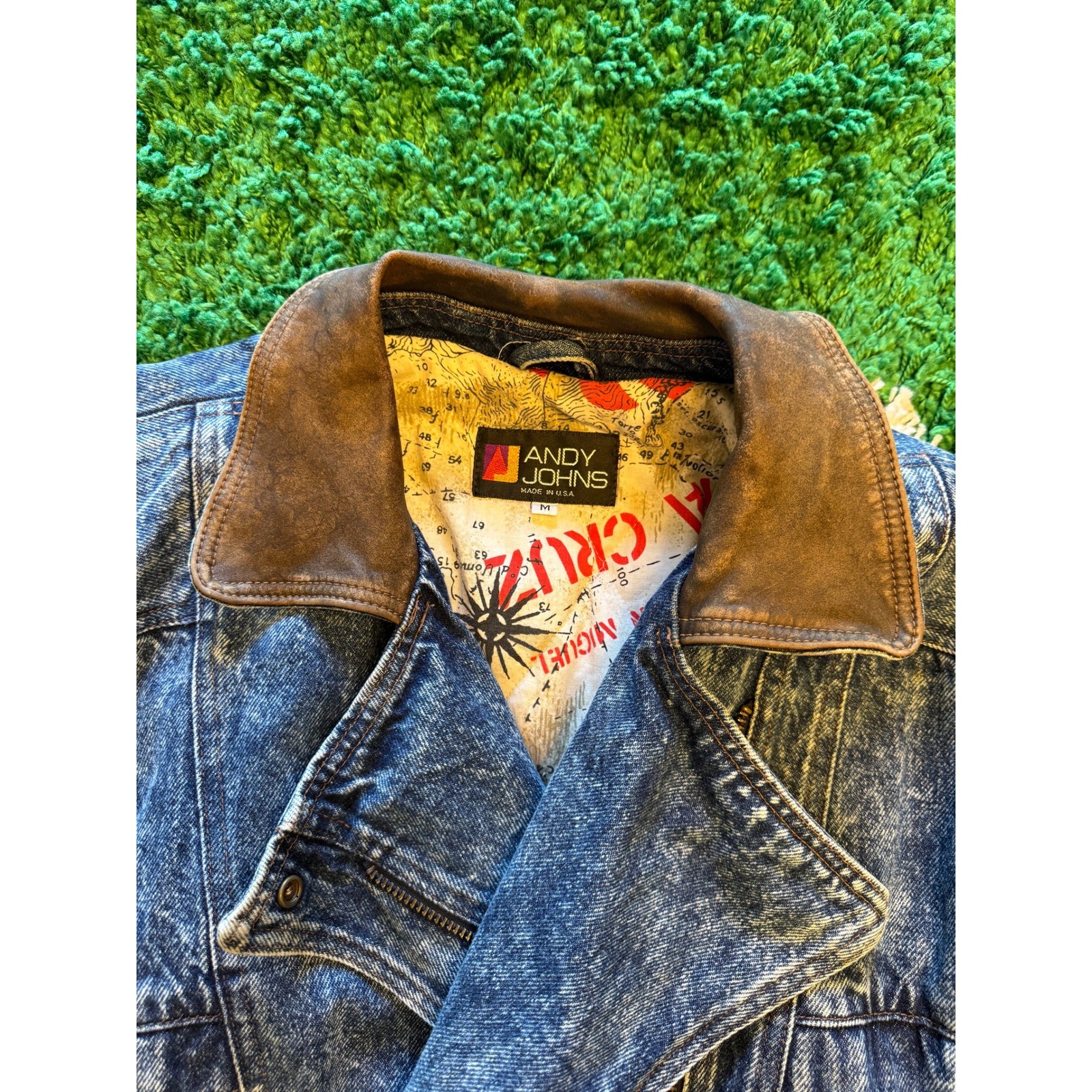 Andy Johns Denim Bomber Jacket Mens M Blue Excellent Acid Wash Leather Trim 80s