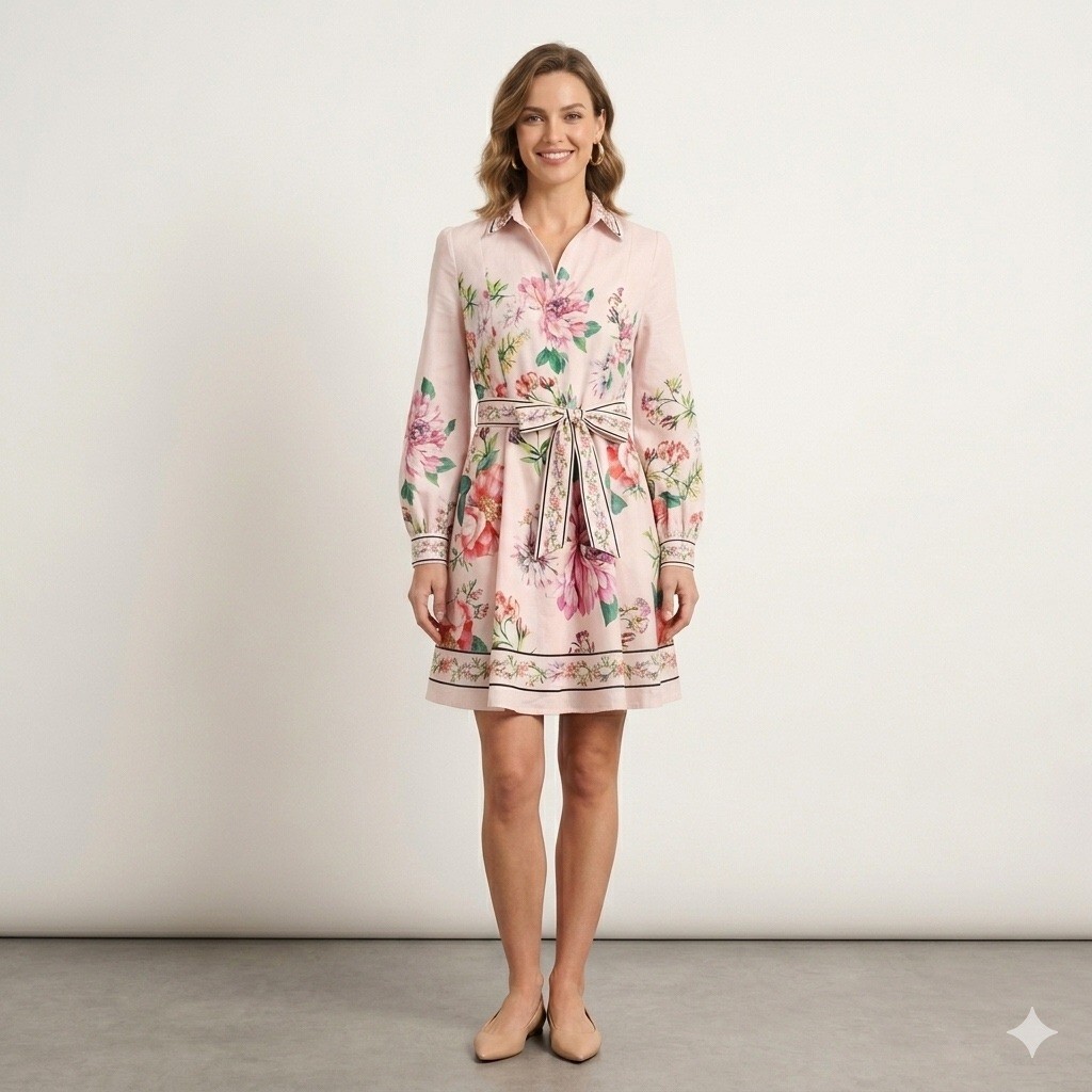 Dalia MacPhee Pink Floral Long Sleeve Button Front Shirt Dress with Belt Medium