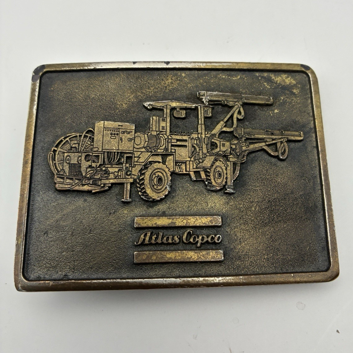 Atlas Copco Plate Belt Buckle Bronze Metal Logo Fits 1.5in Belt Made in USA