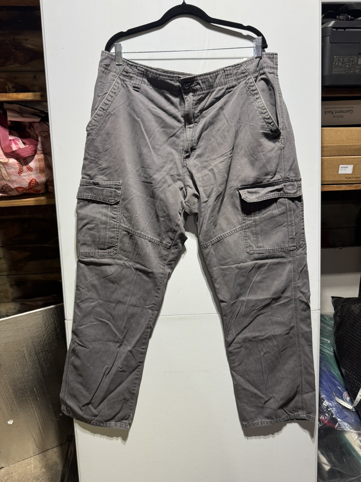 Wrangler Relaxed Fit Gray Cargo Work Pants, Size 38 X30