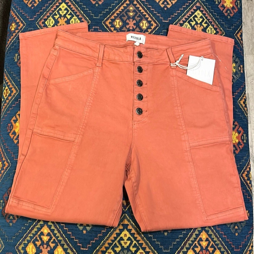 Pistola Women Red Rock Exposed Button Front Straight Leg Ankle Pants Size 31 NWT