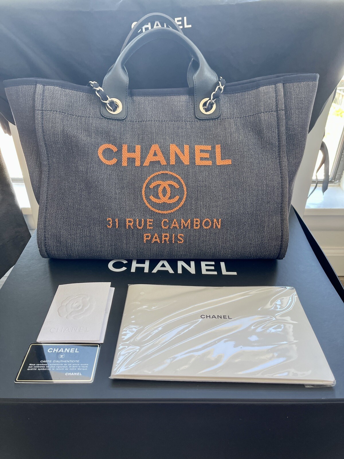 CHANEL Deauville Large Denim Tote Bag Navy Blue, Orange