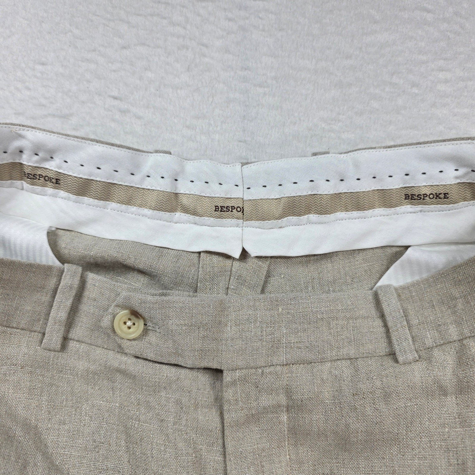Bespoke StudioSuits Trousers Men 33×31 Beige Linen Handcrafted Flat Front