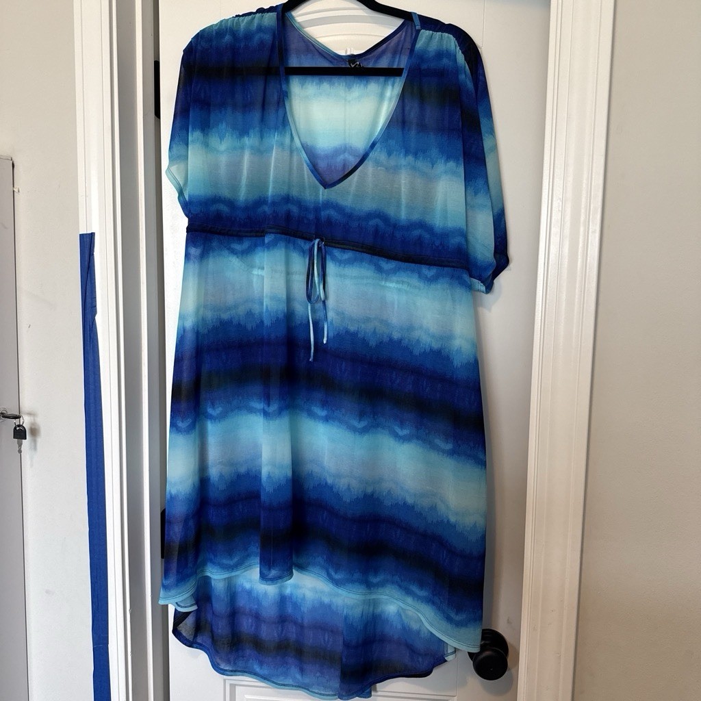 Jantzen XL Blue Tie Dye V-Neck Short Sleeve Hi-Low Shift Swim Cover Up Women