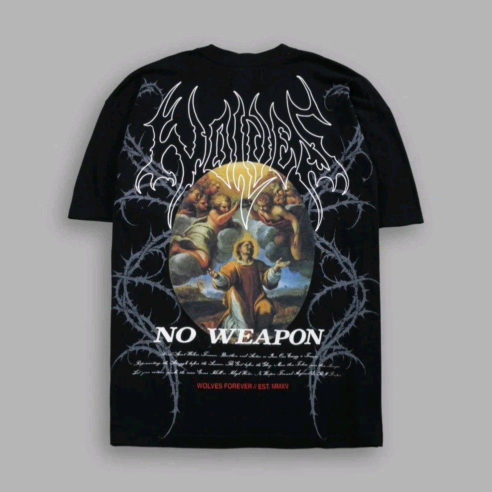 Men’s Black “NO WEAPON” Wolf Graphic T-Shirt Crew Neck Short Sleeve Size M