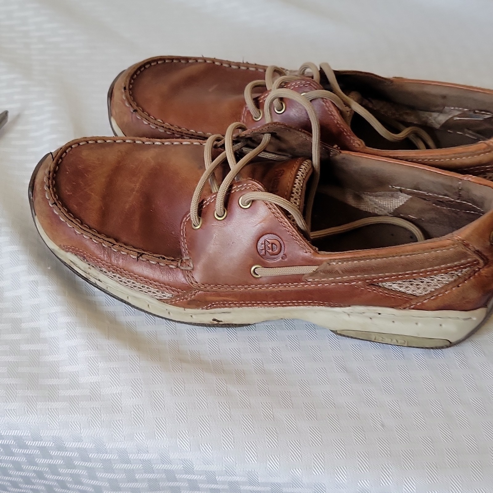 Dunham Men’s Brown Leather Mesh Boat Shoes Lace Up US 6.5 EE Rubber Sole