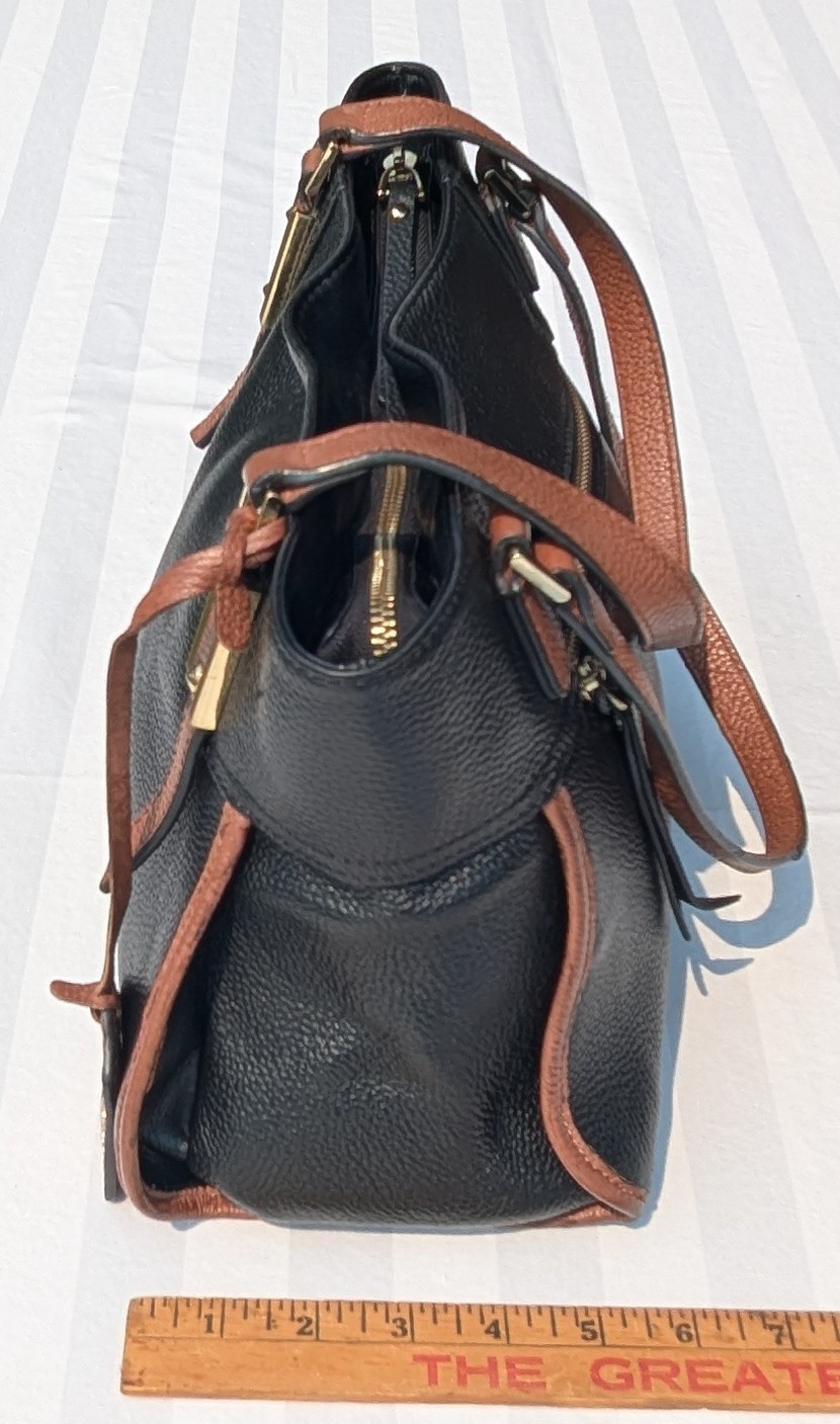 Zooler Black Brown Pebbled Tote Zip Gold Hardware Pockets Lined Bag Charm