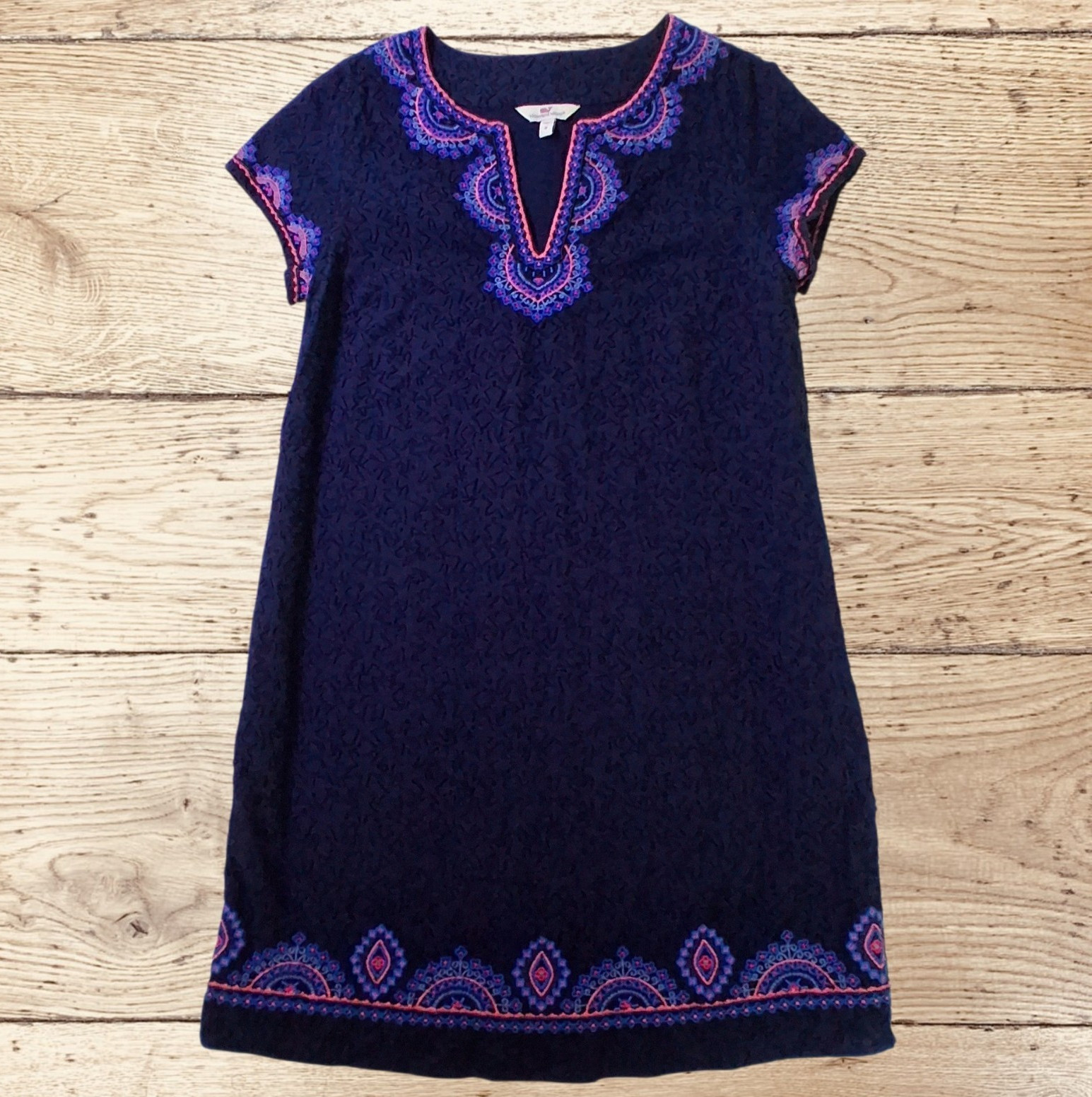 Vineyard Vines Women’s Navy Embroidered Shift Dress V-Neck Cap Sleeve 8