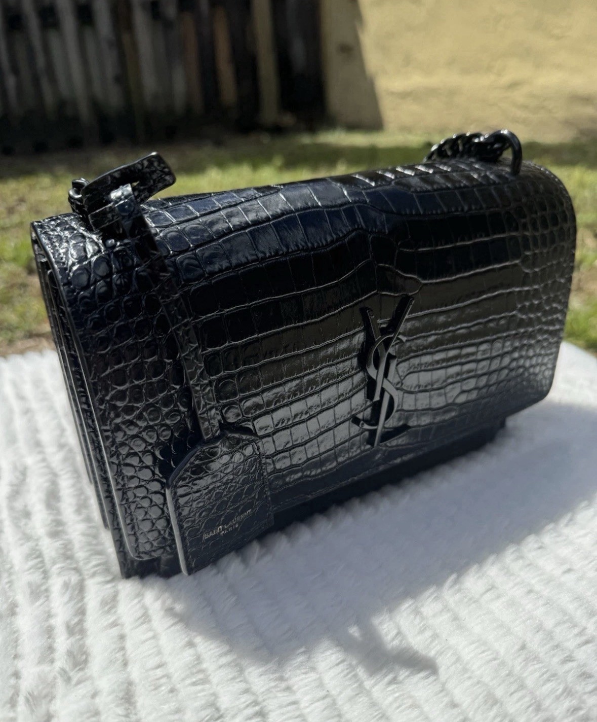 Saint Laurent Sunset Medium YSL Crossbody Bag in Croc-Emboassed Leather