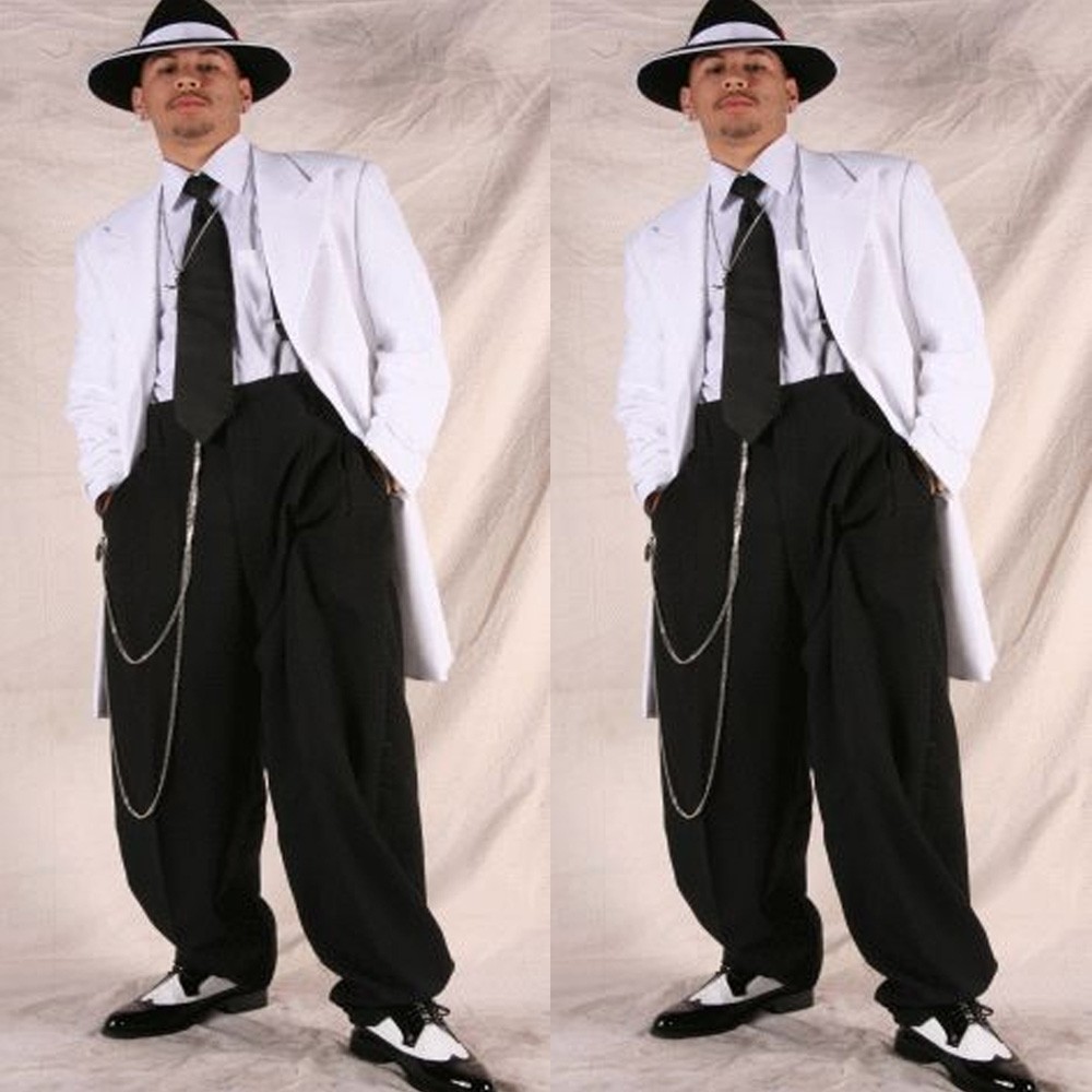Men’s Zoot Suits Formal Wedding Tuxedos Party Prom White Long Coat Black Pants